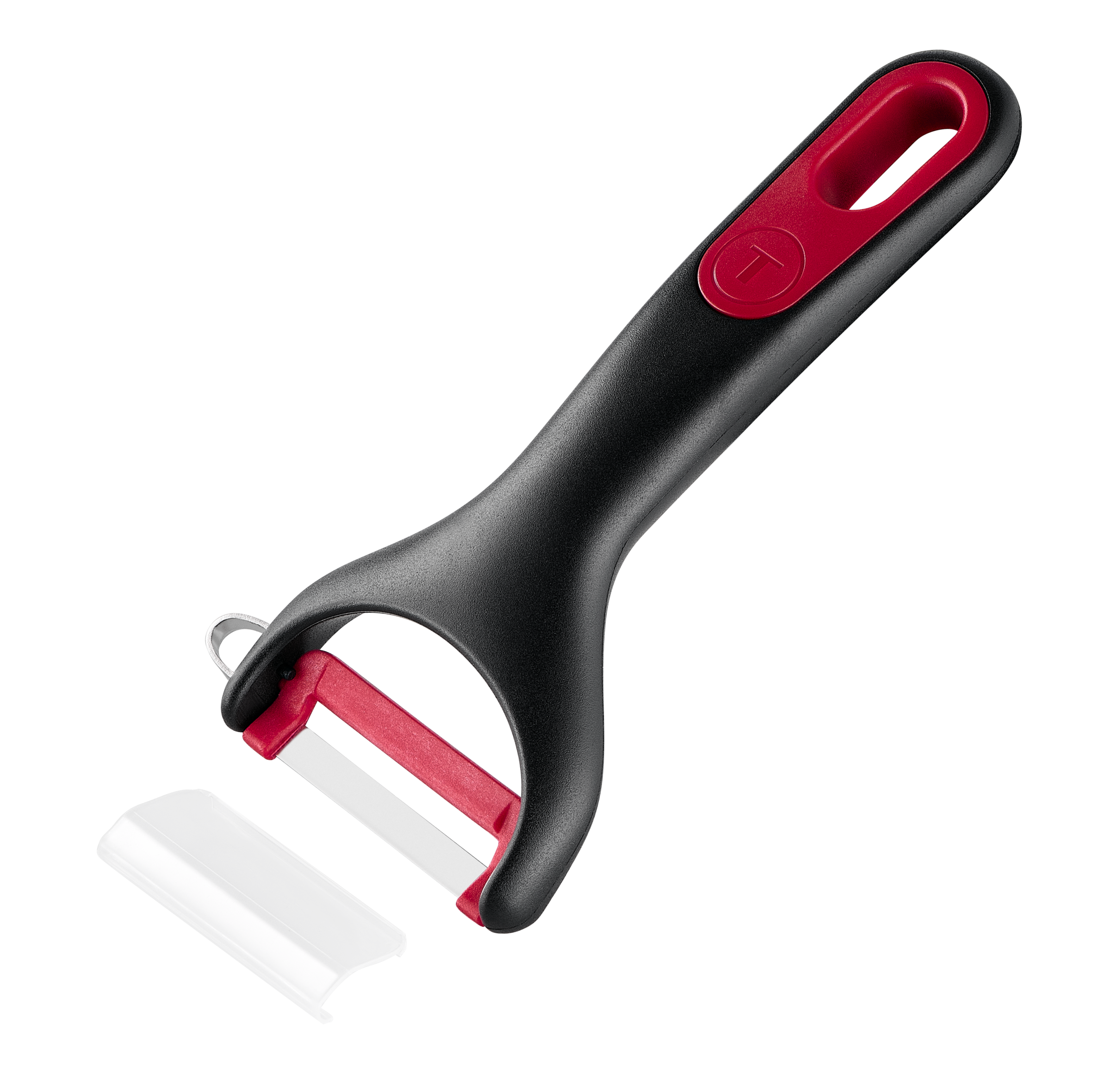 Ingenio+ Pelador en Y, Cuchilla giratoria, Acero inoxidable, Funda protectora, Apto para lavavajillas, Negro y rojo