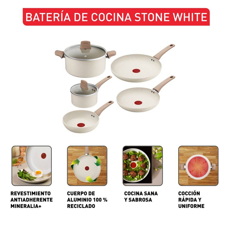 Stone White, Set de 7 piezas de cocina, Sartenes 20/24/28cm, Cazos con Tapas 16/24 cm, Revestimiento Antiadherente, Inducción
