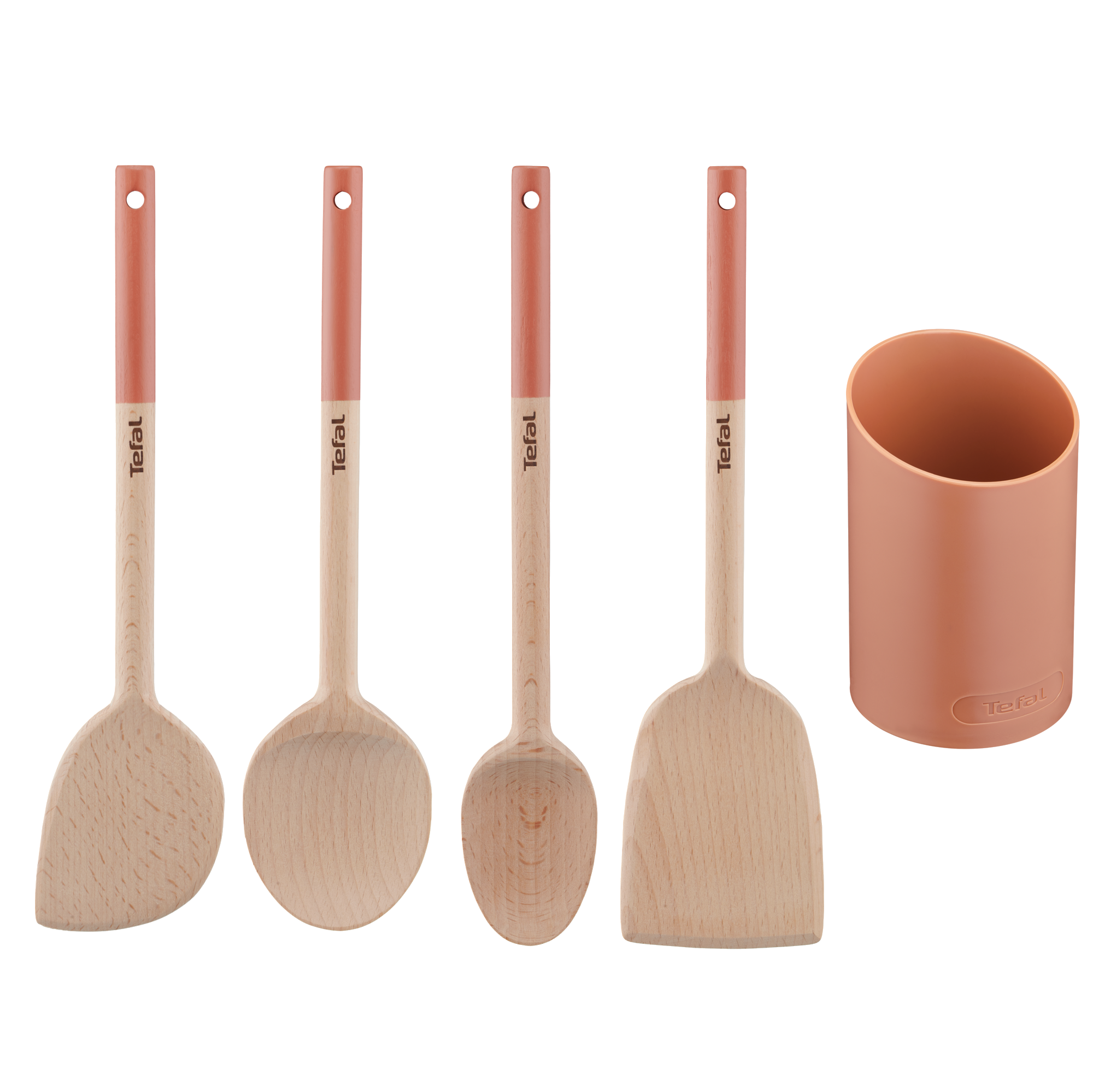 Kit Natura de 4 utensilios de cocina, Madera con mango pintado, Terracotta, Soporte