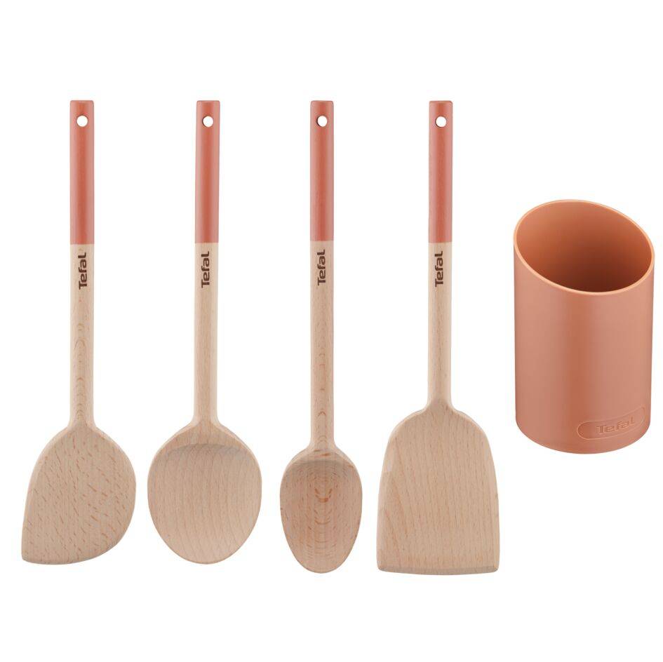 Kit Natura de 4 utensilios de cocina, Madera con mango pintado, Terracotta, Soporte