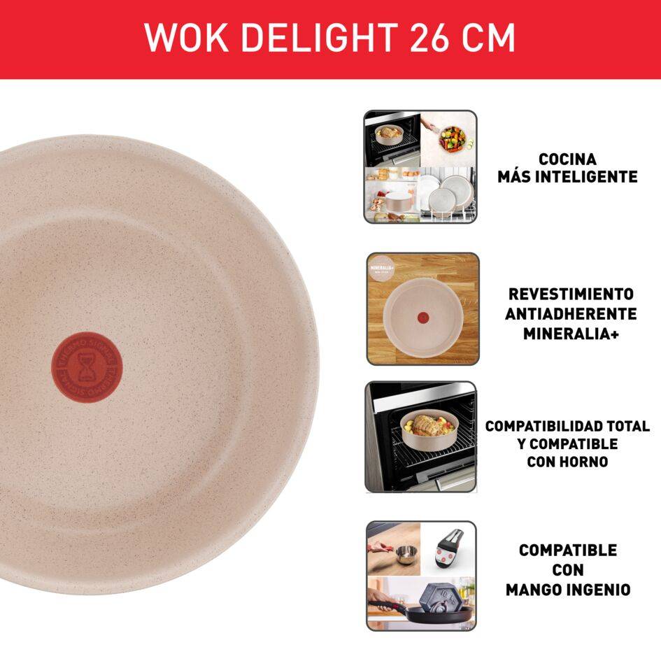 Ingenio Delight, Wok 26 cm, Apilable, Revestimiento Antiadherente, Cuerpo de Aluminio 100% Reciclado, No Incluye Mango