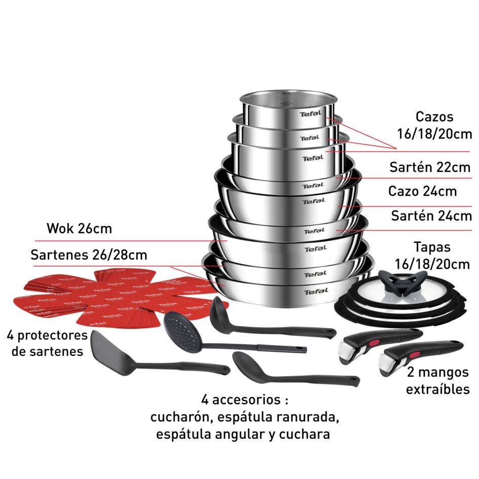 Ingenio Emotion, Set de cocina de 22 piezas, Mango extraíble, Apilable, Sartenes con Revestimiento Antiadherente, Acero Inoxidable