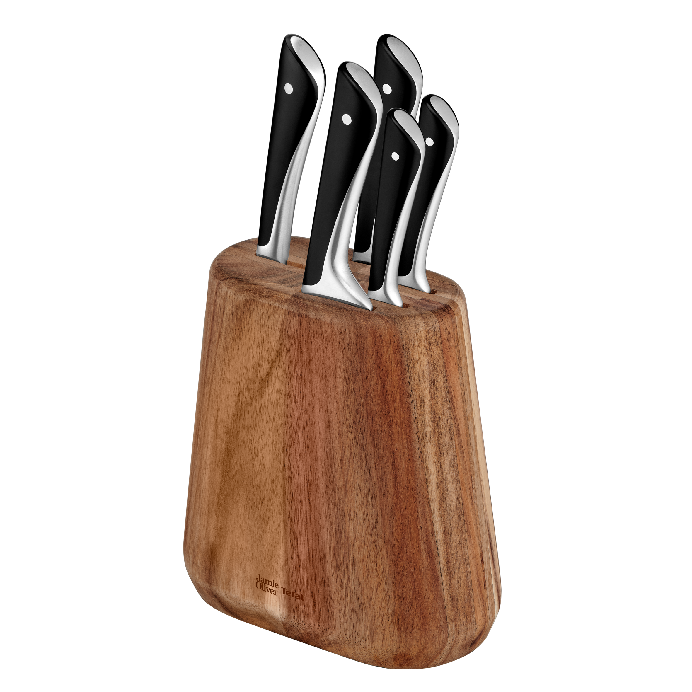 Jamie Oliver, Set 5 cuchillos + Soporte de madera, Acero Inoxidable 18/10, Peso equilibrado
