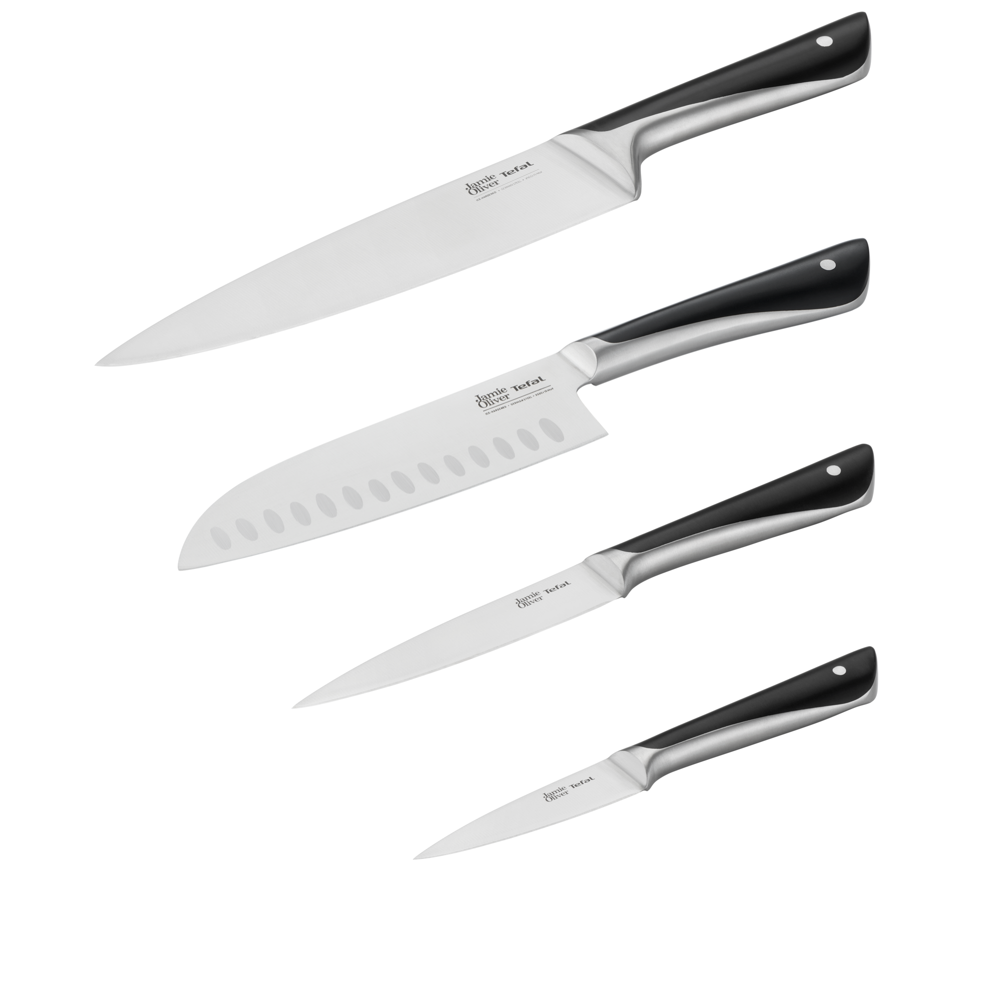 Jamie Oliver, Set 4 cuchillos, Santoku 16,5 cm, Chef's 15 cm, Multiusos 12 cm, Pelador 9 cm, Acero Inoxidable 18/10