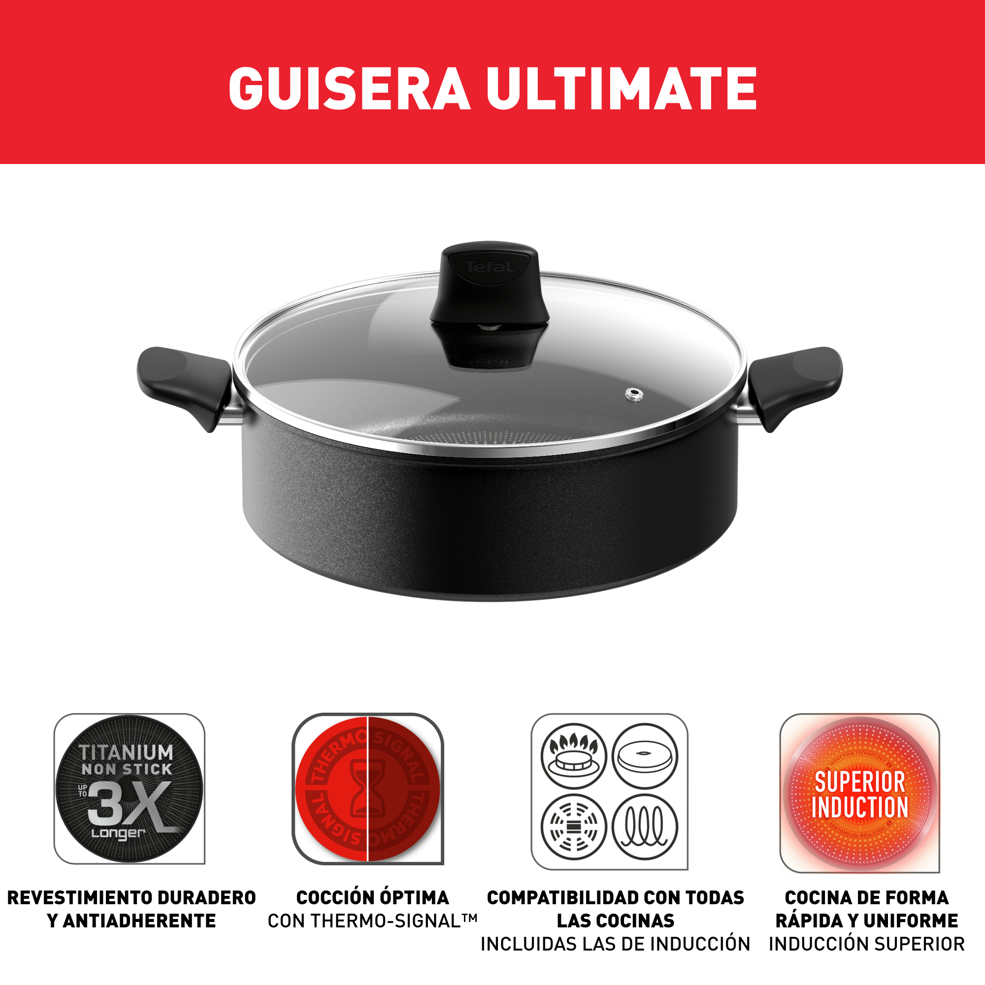 Ultimate On, Guisera cacerola baja 28 cm, Tapa de cristal, Revestimiento antiadherente, Inducción, Negra