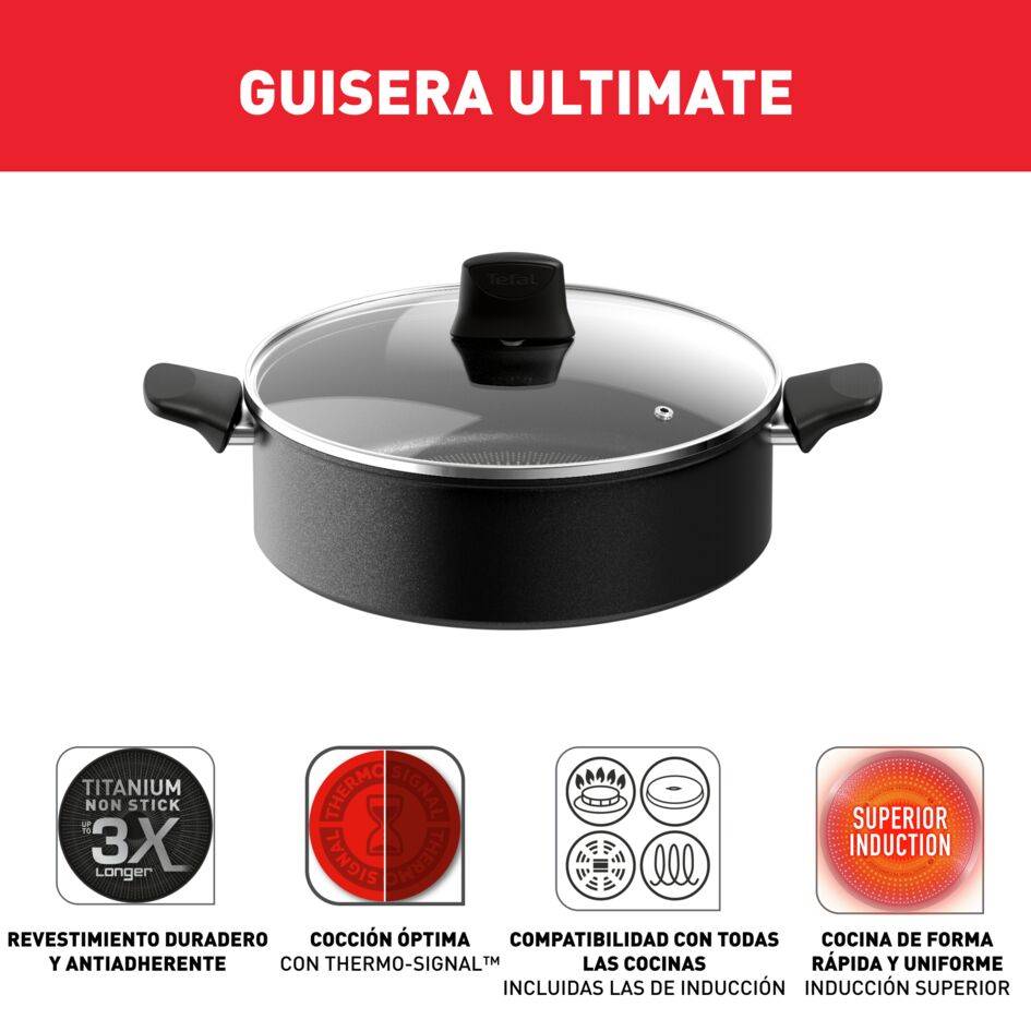 Ultimate On, Guisera cacerola baja 28 cm, Tapa de cristal, Revestimiento antiadherente, Inducción, Negra