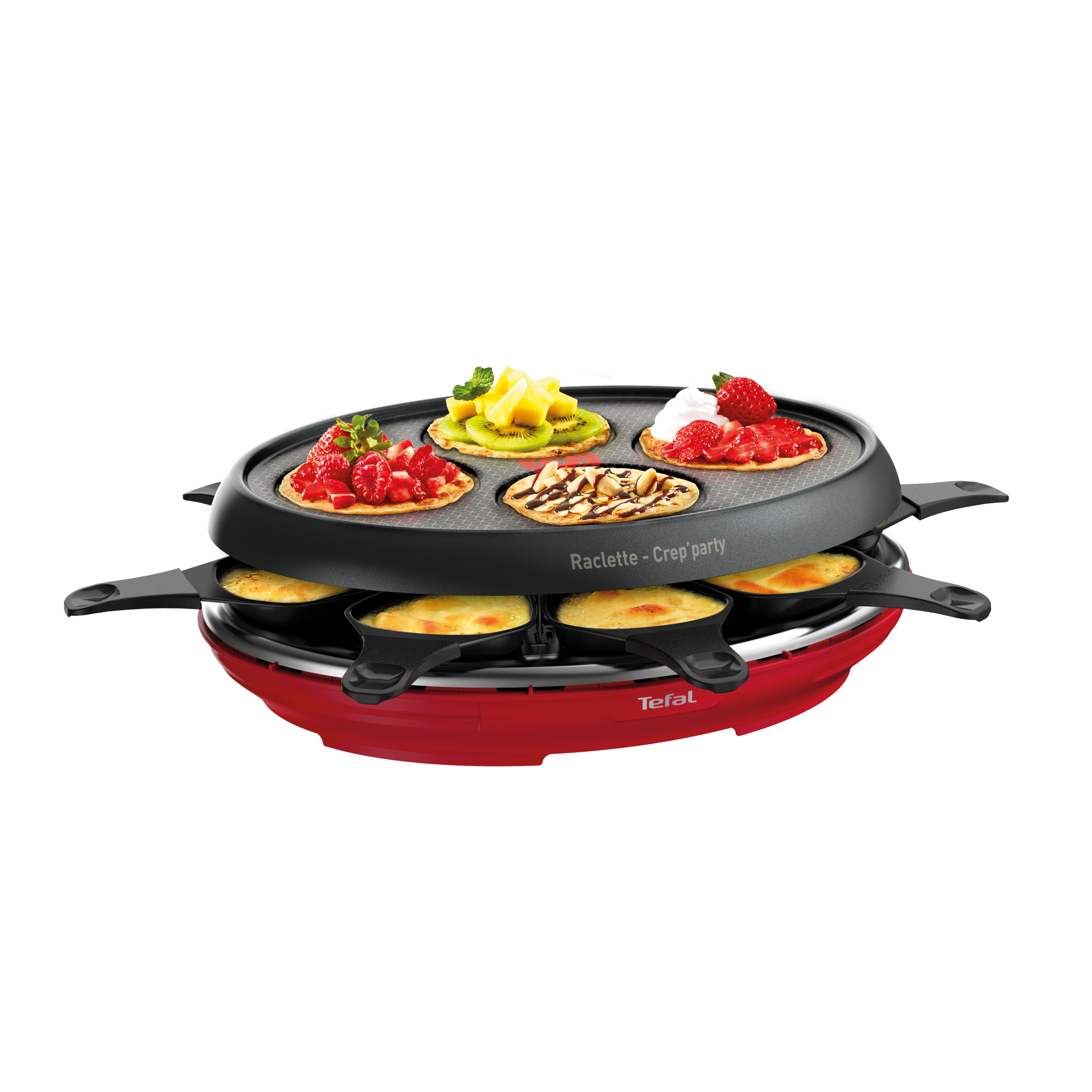 Raclette y Crep'party 2 en 1, 1050W, Revestimiento Antiadherente, Placa Apta Para Lavavajillas, 8 Bandejas
