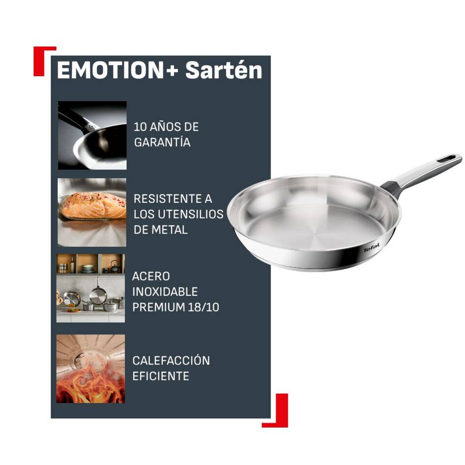 Emotion+ Set 3 Sartenes 20/24/28 cm, Acero inoxidable premium, Sin revestimiento, Garantía de 10 años, Apta para inducción