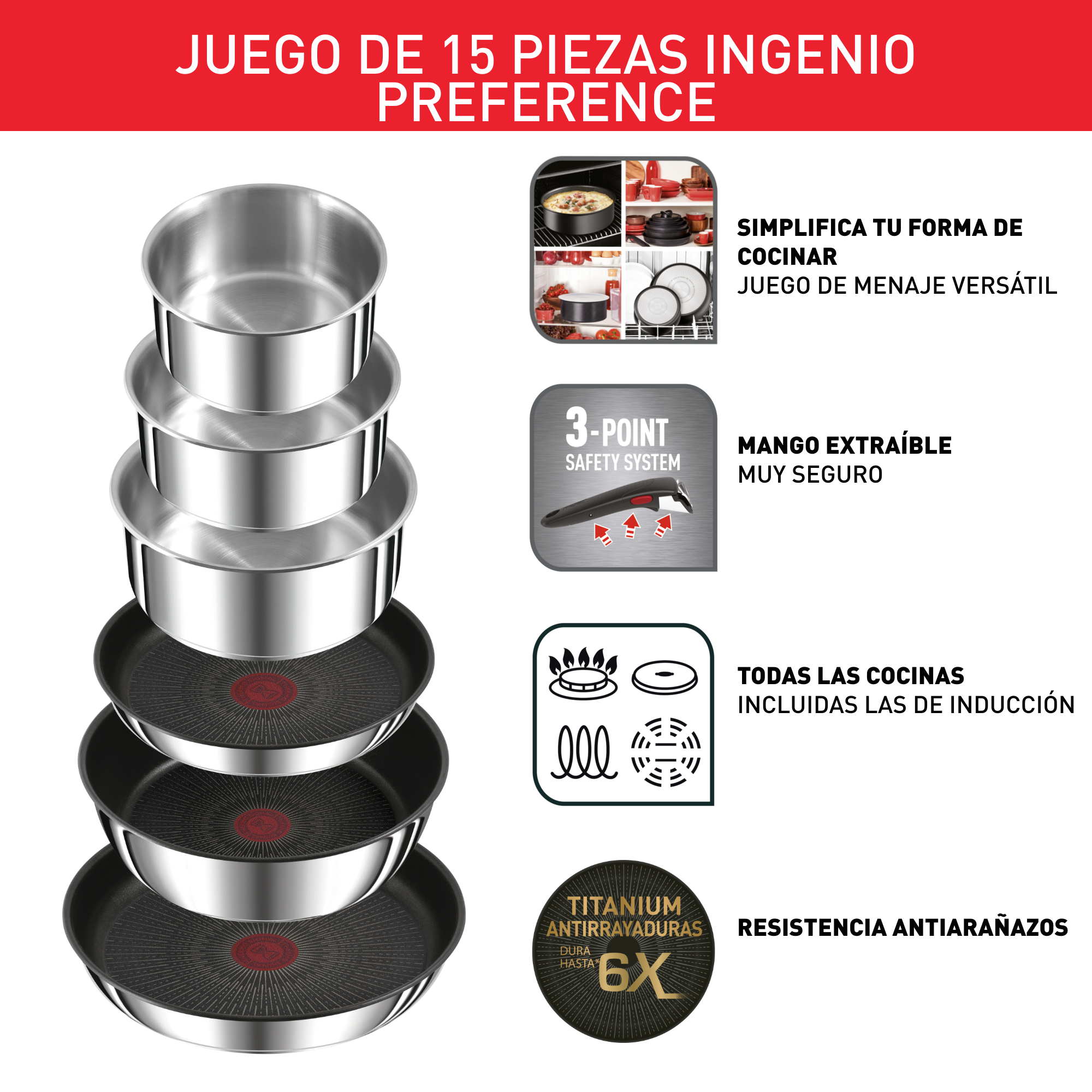 Ingenio Preference On, Set de 15 piezas + 2 Mangos extraíbles, Acero inoxidable 18/10, Revestimiento antiadherente, Inducción