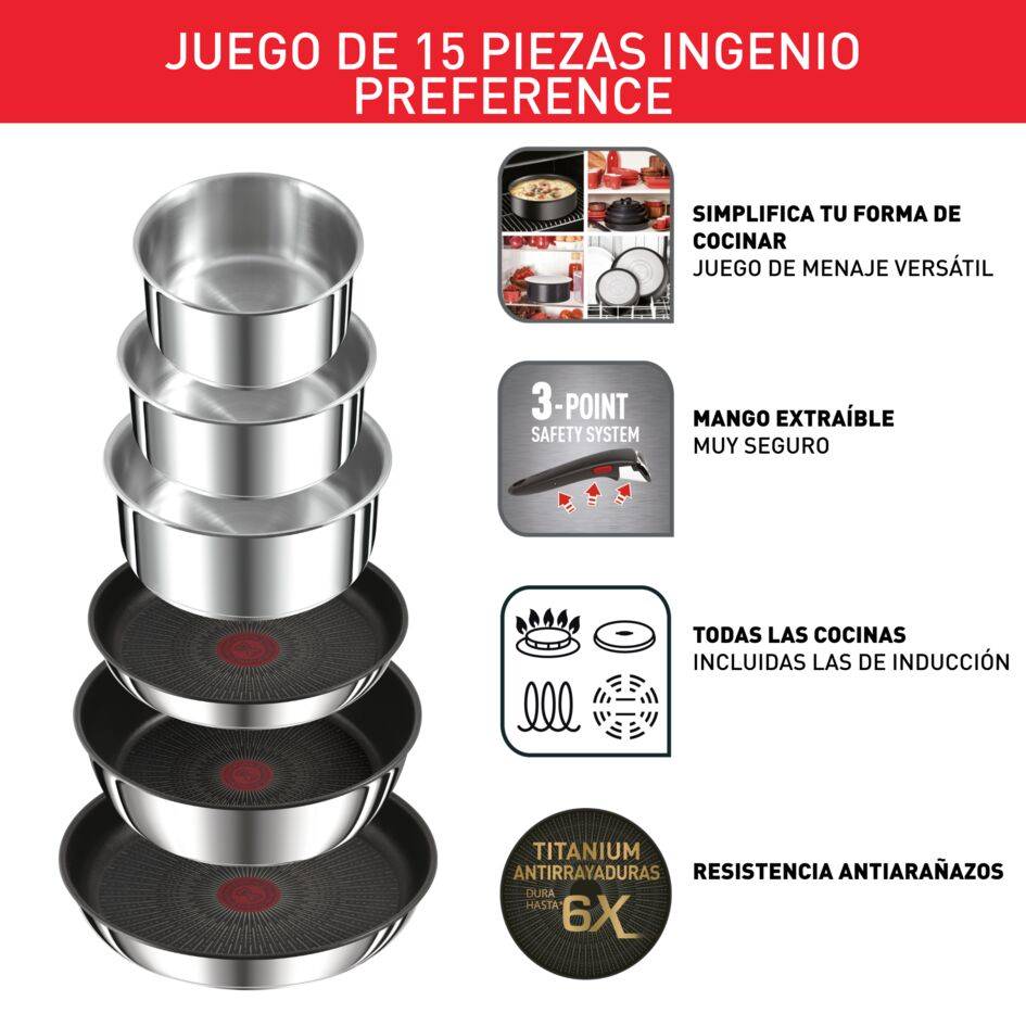 Ingenio Preference On, Set de 15&nbsp;piezas + 2 Mangos extraíbles, Acero inoxidable 18/10, Revestimiento antiadherente, Inducción