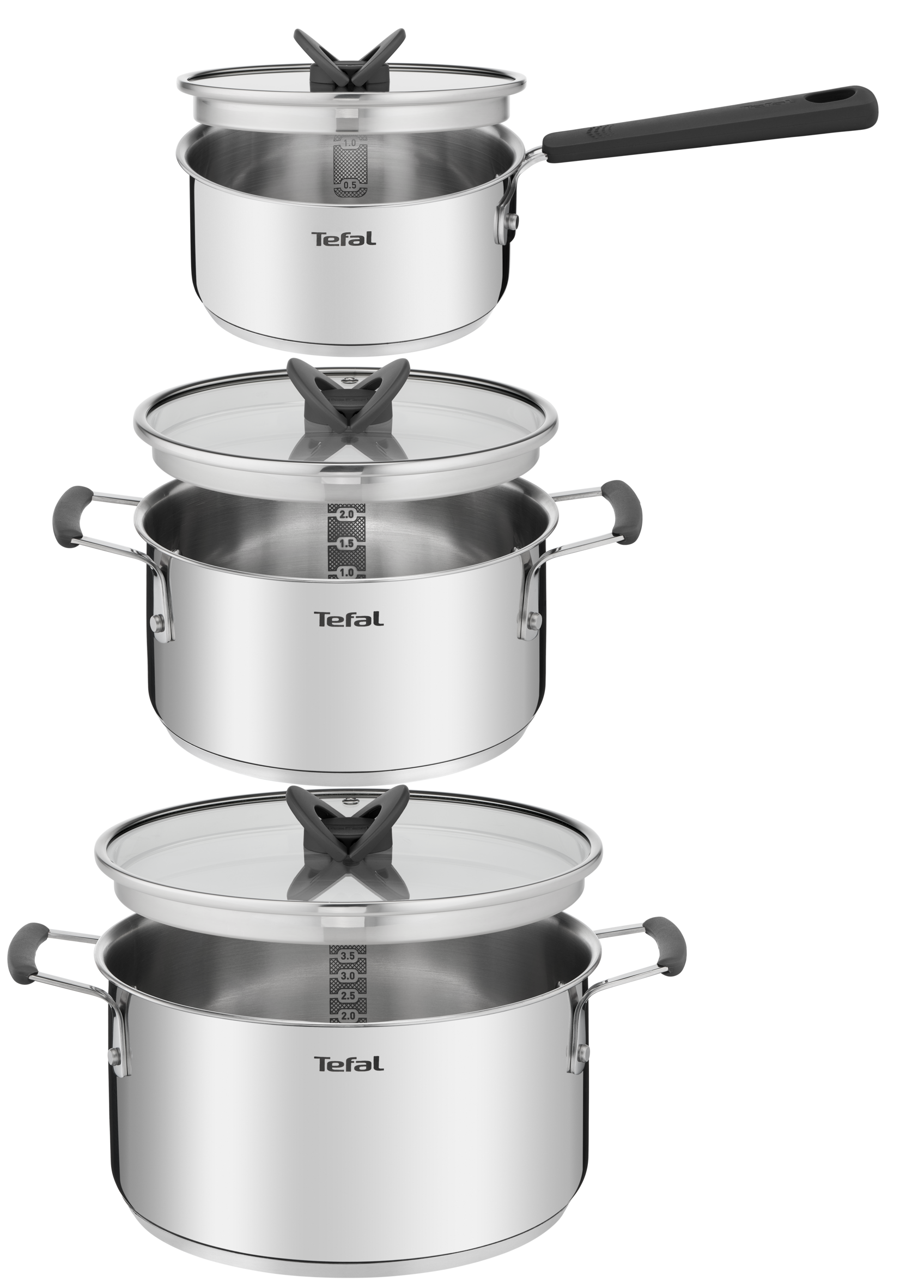 Opti'Space, Set de 6 piezas, Cacerola 16 cm, Ollas 20/24 cm, Tapas, Ahorro de espacio, Acero Inoxidable, Inducción