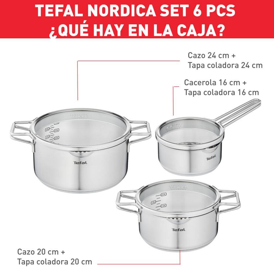 Nordica, Set de 6 piezas, Cazo 16 cm + Cacerolas 20/24 cm + 3 Tapas, Acero inoxidable 18/10, Doble asa patentada, Inducción