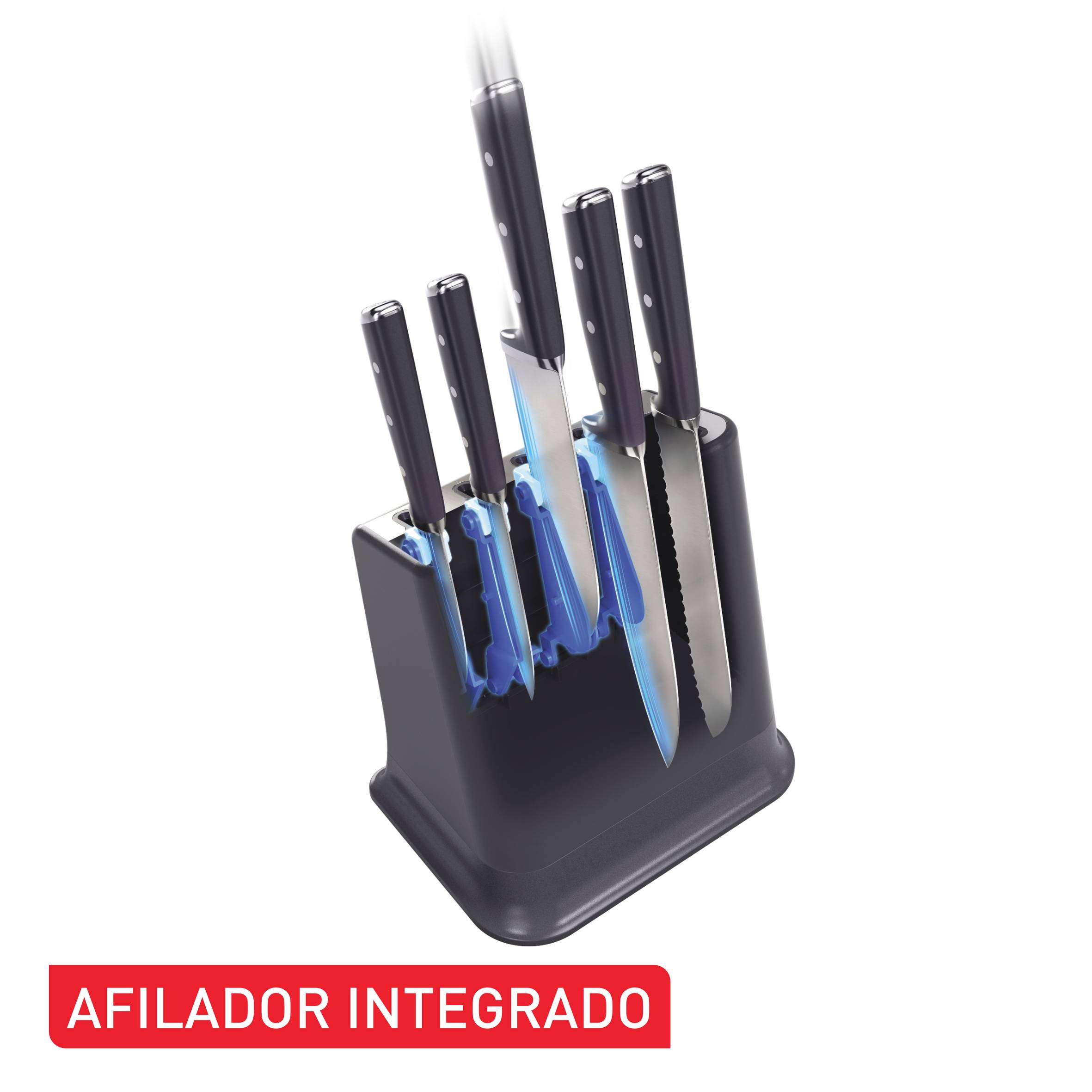 EverSharp, Set de 5 Cuchillos Autoafilables + Bloque, Afilador integrado, Afilado duradero