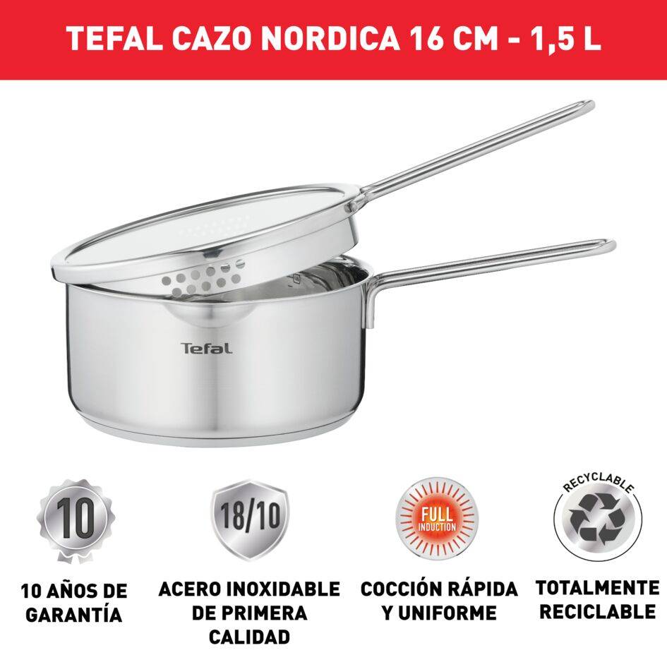 Nordica, Cazo 16 cm, Acero inoxidable 18/10, Doble mango patentado, Inducción