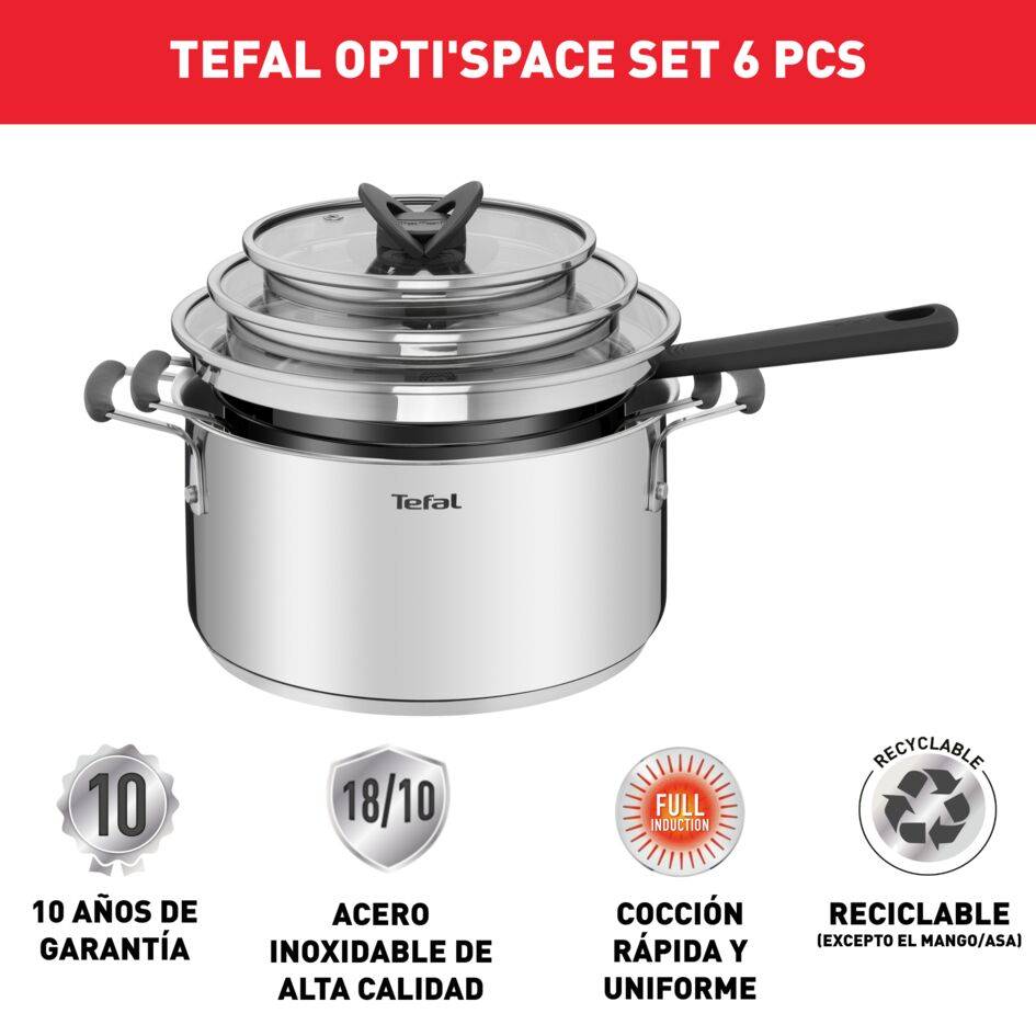 Opti'Space, Set de 6 piezas, Cacerola 16 cm, Ollas 20/24 cm, Tapas, Ahorro de espacio, Acero Inoxidable, Inducción