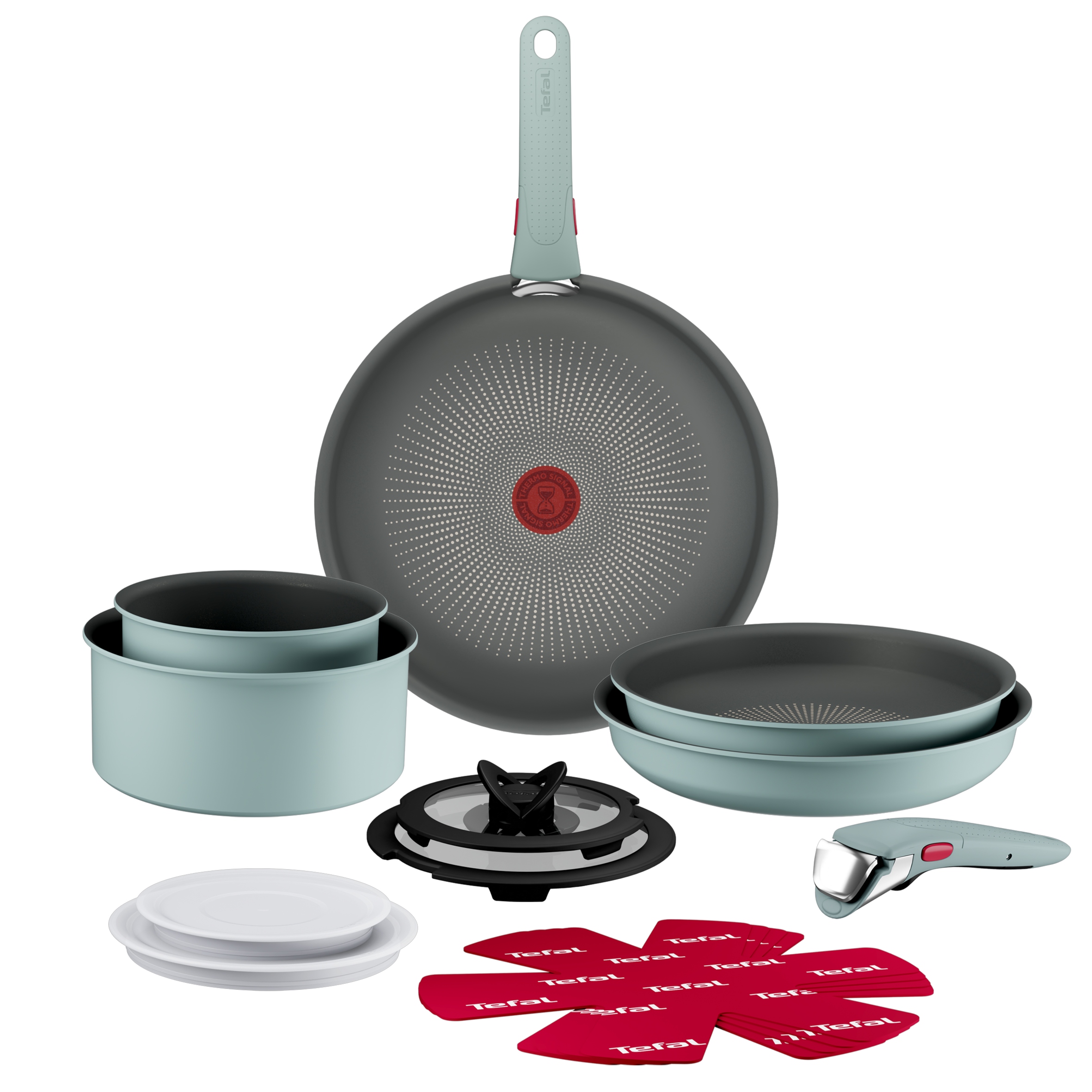 Ingenio Halo, Set de cocina de 15 piezas, 3 Sartenes, 2 Cazos, 4 Tapas, 4 Protectores , 2 Mangos extraíbles, Apilable, Inducción, Eucalipto