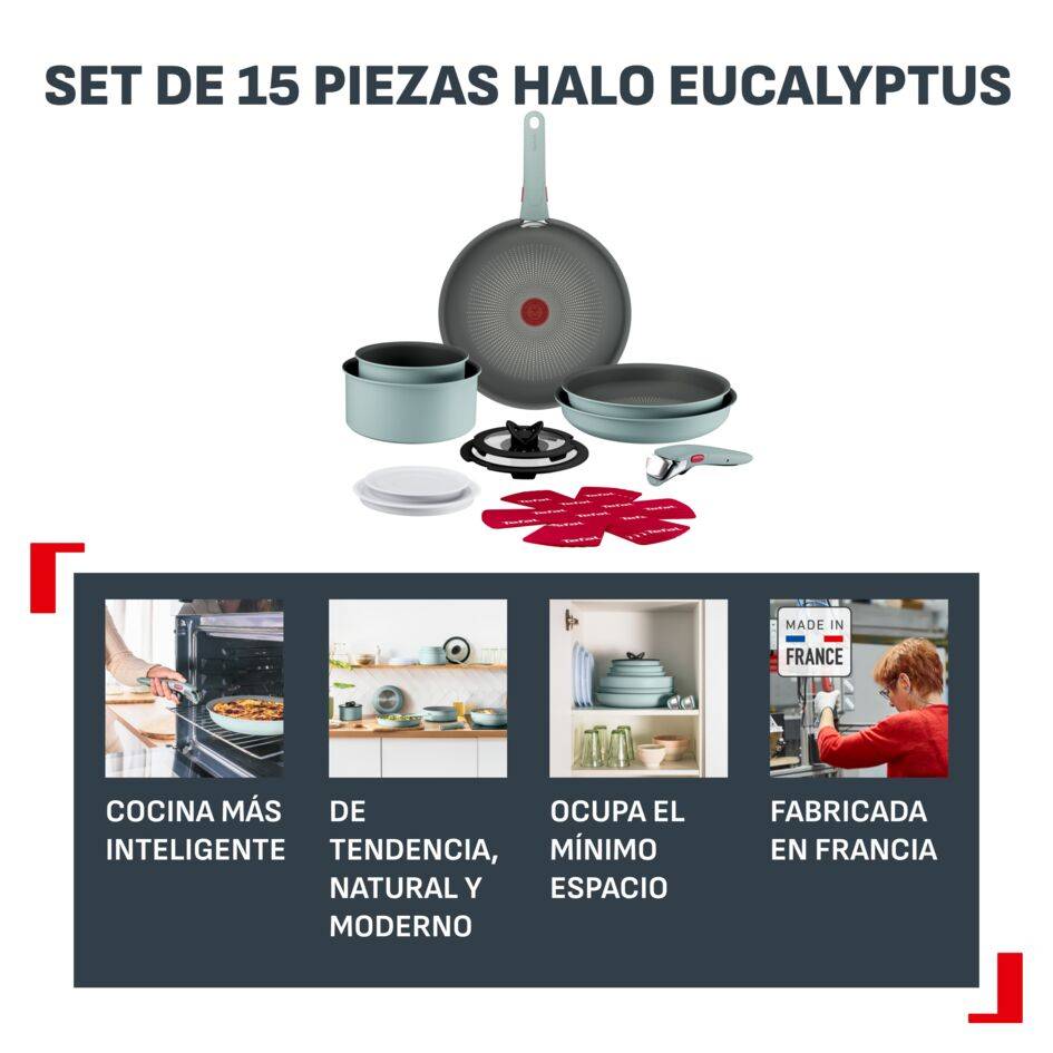 Ingenio Halo, Set de cocina de 15 piezas, 3 Sartenes, 2 Cazos, 4 Tapas, 4 Protectores , 2 Mangos extraíbles, Apilable, Inducción, Eucalipto