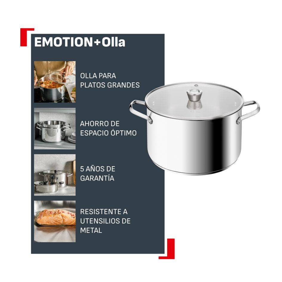 Emotion+ XL Olla alta 28 cm + Tapa, Acero inoxidable premium, Garantía de 5 años, Resistente a utensilios metálicos, Inducción