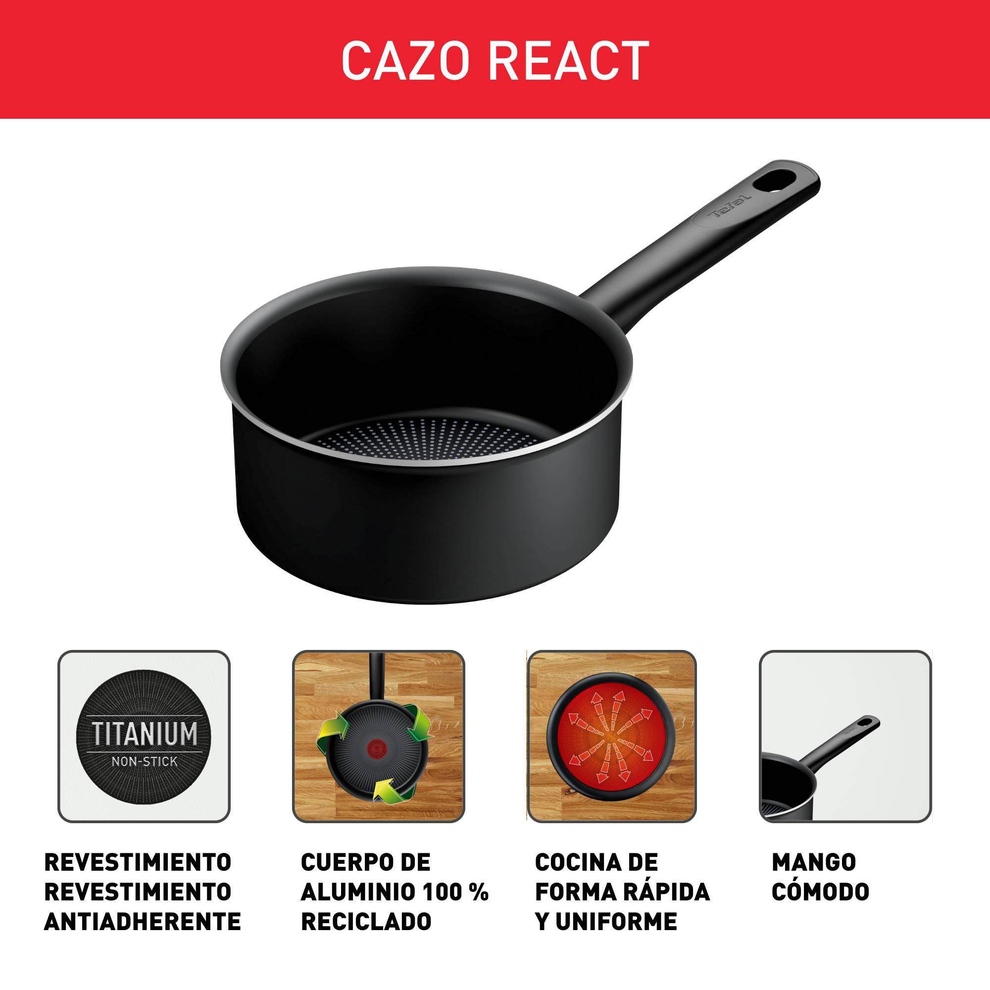 React, Cazo de 18 cm, Antiadherente, Segura, 100% Aluminio reciclado, Negro