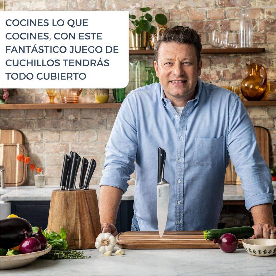Jamie Oliver, Set 6 cuchillos + Soporte de madera, Acero Inoxidable 18/10, Peso equilibrado