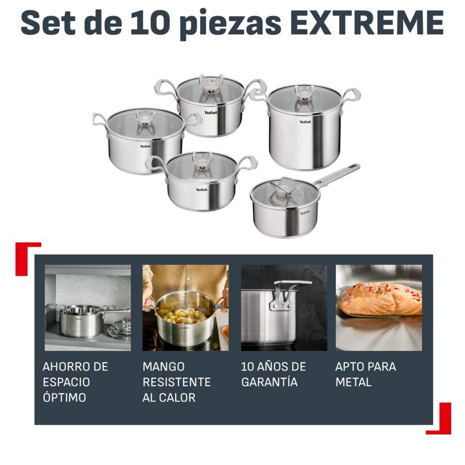 Extreme Set de 10 piezas, Acero inoxidable premium, Ahorro de espacio, Compatible con inducción