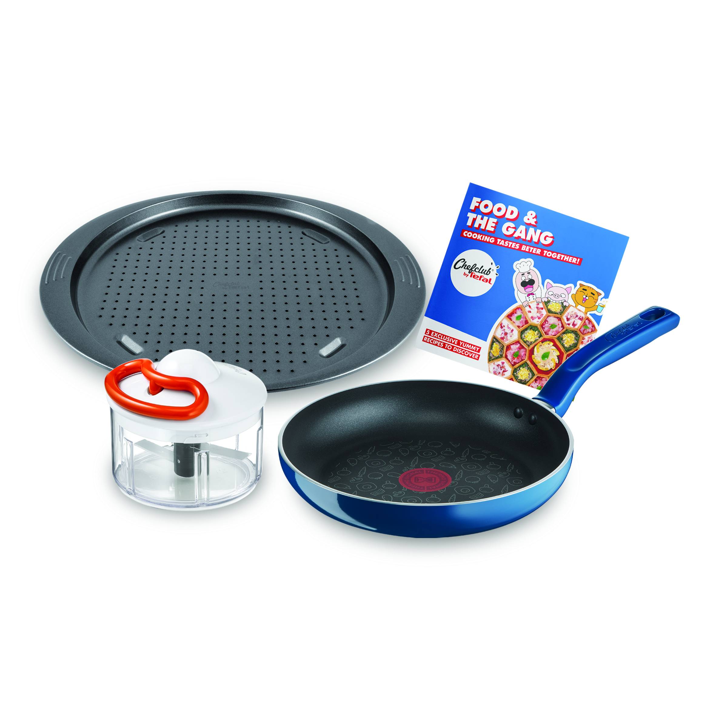 SET DE COCINA CHEFCLUB&nbsp;: SARTÉN 24 CM, PICADORA 5 SEC. 500ML, BANDEJA PIZZA 34 CM, LIBRO RECETAS