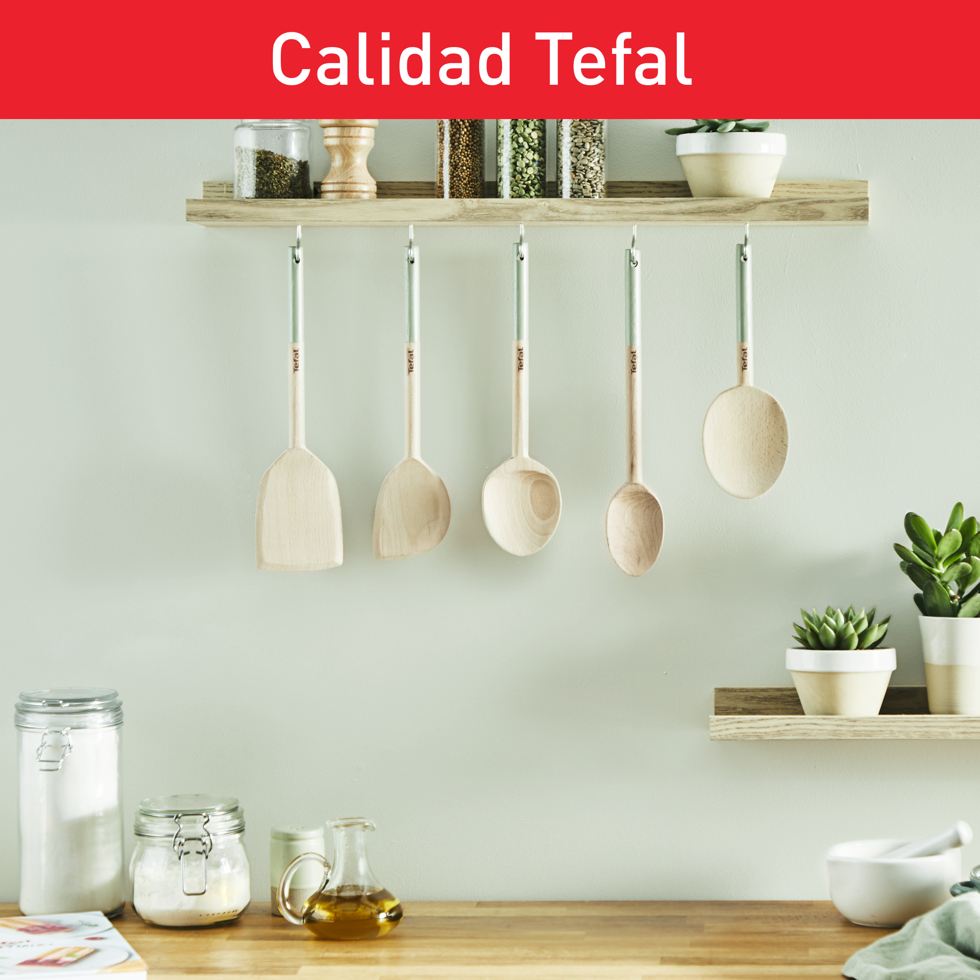 Natura, Set de Utensilios de cocina de madera, Mango pintado, Soporte, Sostenible, Resistente a arañazos