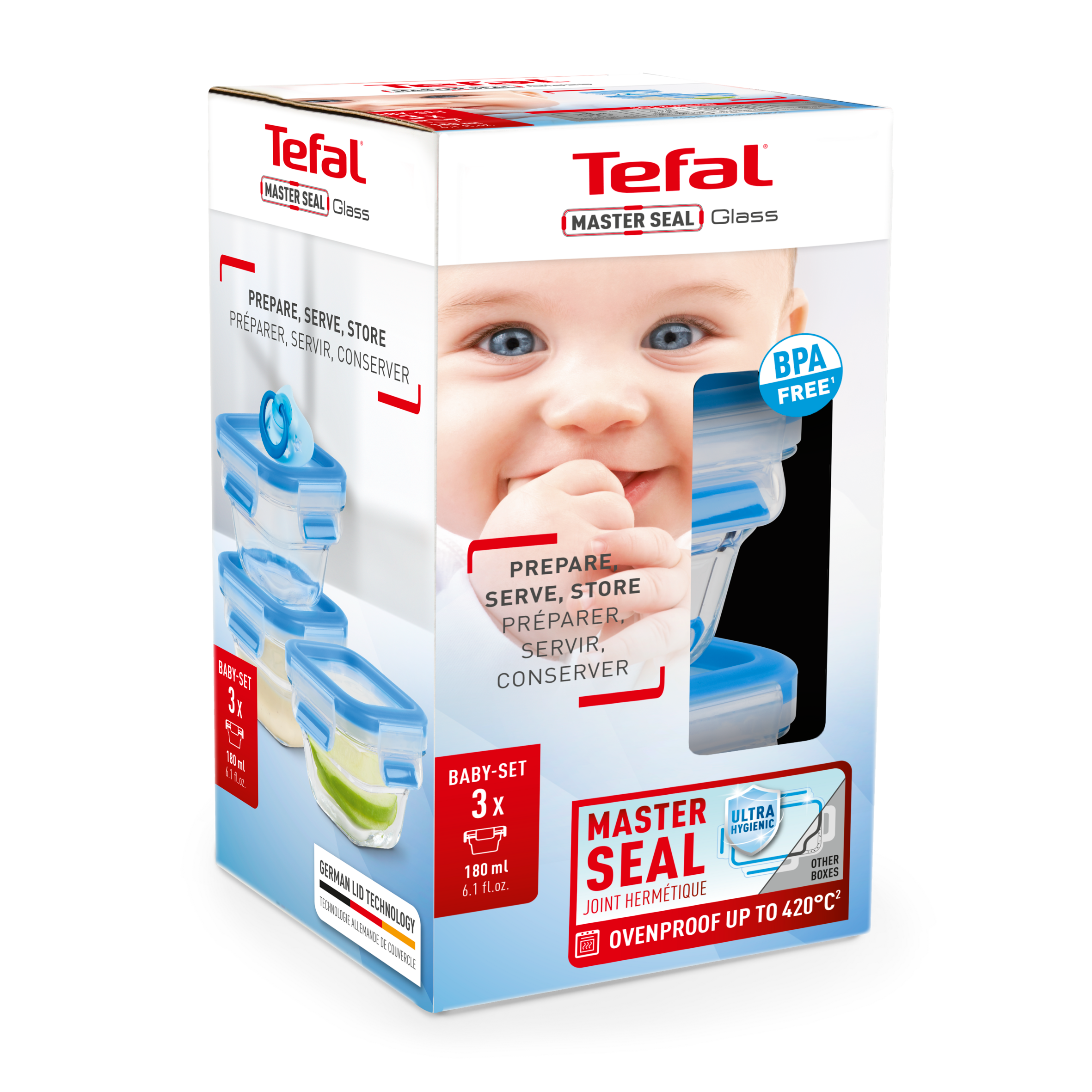 Masterseal Cristal, Set de 3 Herméticos de Cristal, 0,18 L, Cuadrados, Azul