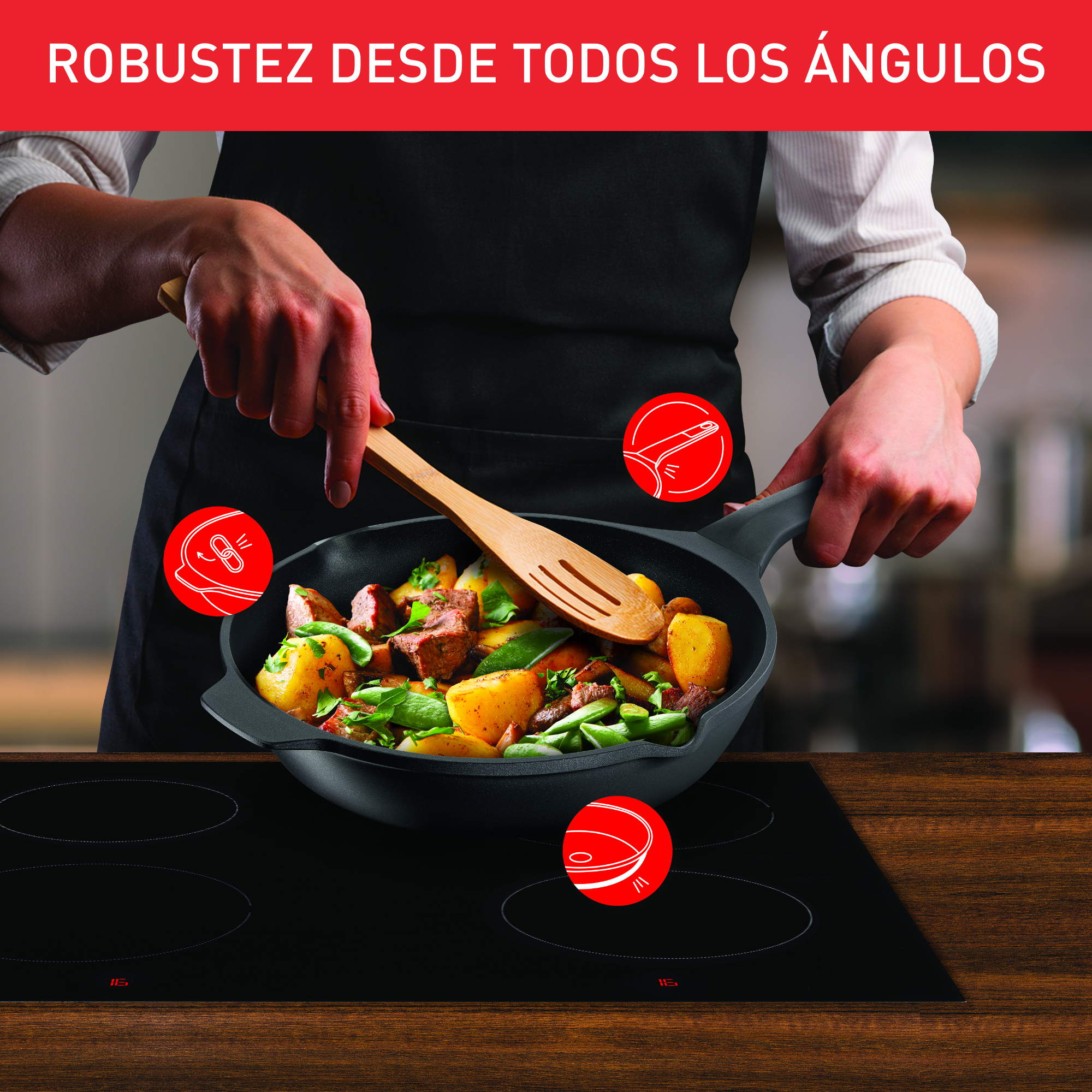 Robusto, Sartén 22 cm, Aluminio fundido, Retención de calor, Revestimiento antiadherente, Negro