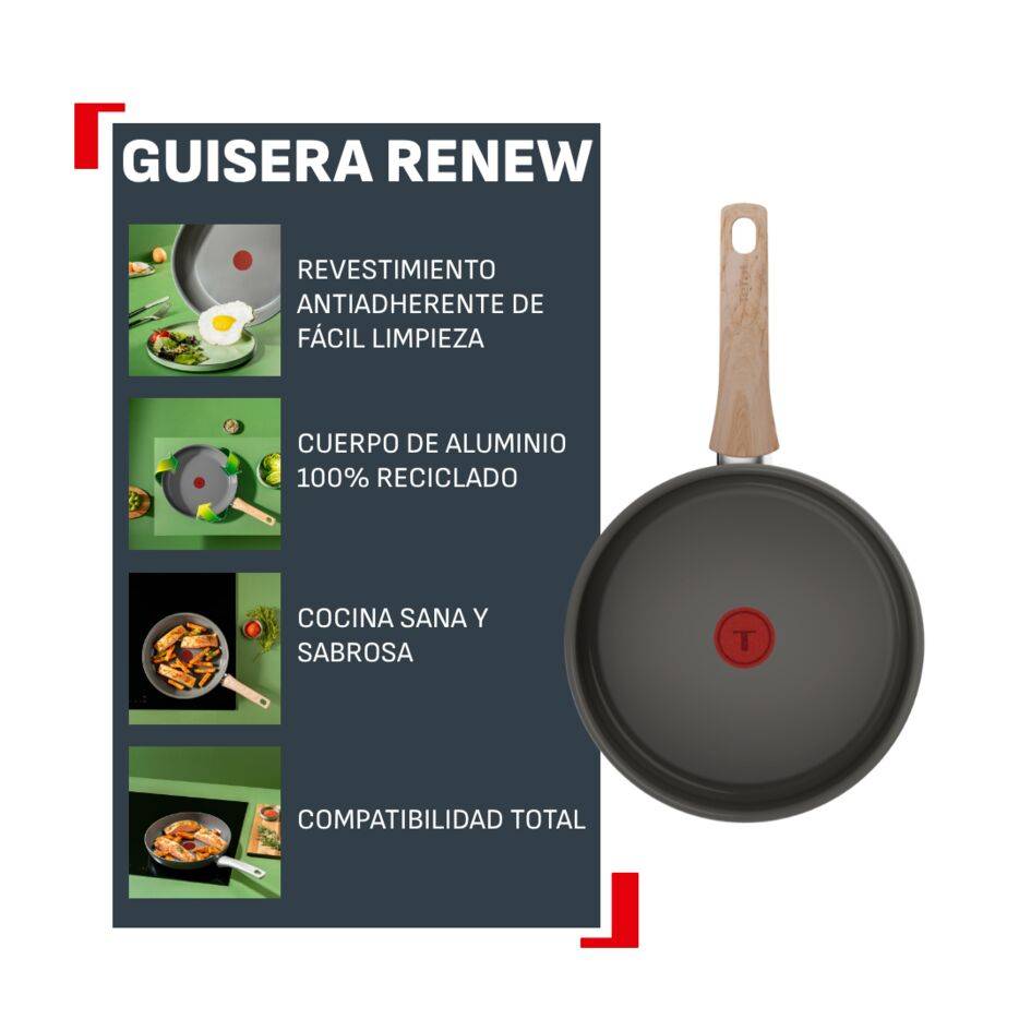 Renew, Sartén guisera 24 cm + tapa de cristal, Revestimiento cerámico antiadherente, Cuerpo de aluminio 100% reciclado, Thermo-Signal, Compatible con inducción