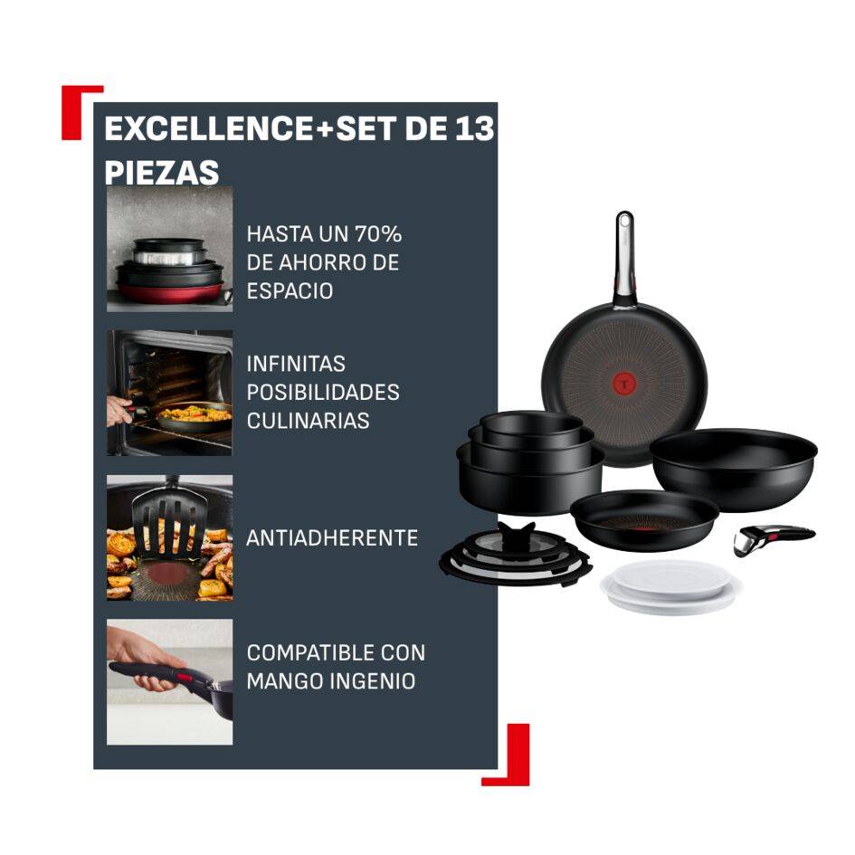 Ingenio Excellence+,Set de 13 Piezas, Apilable, Antiadherente, Mango extraíble, Inducción, Total compatibilidad