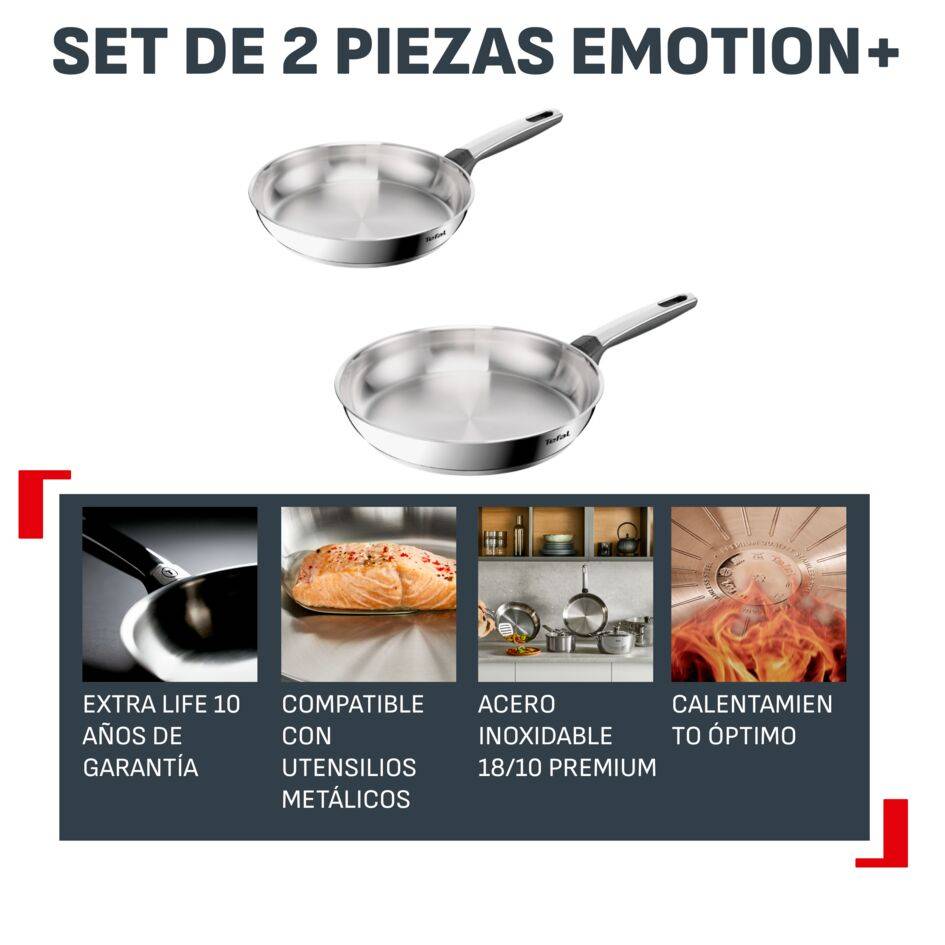 Emotion+ Set 2 Sartenes 24/28 cm, Acero inoxidable premium, Sin revestimiento, Garantía de 10 años, Apta para inducción
