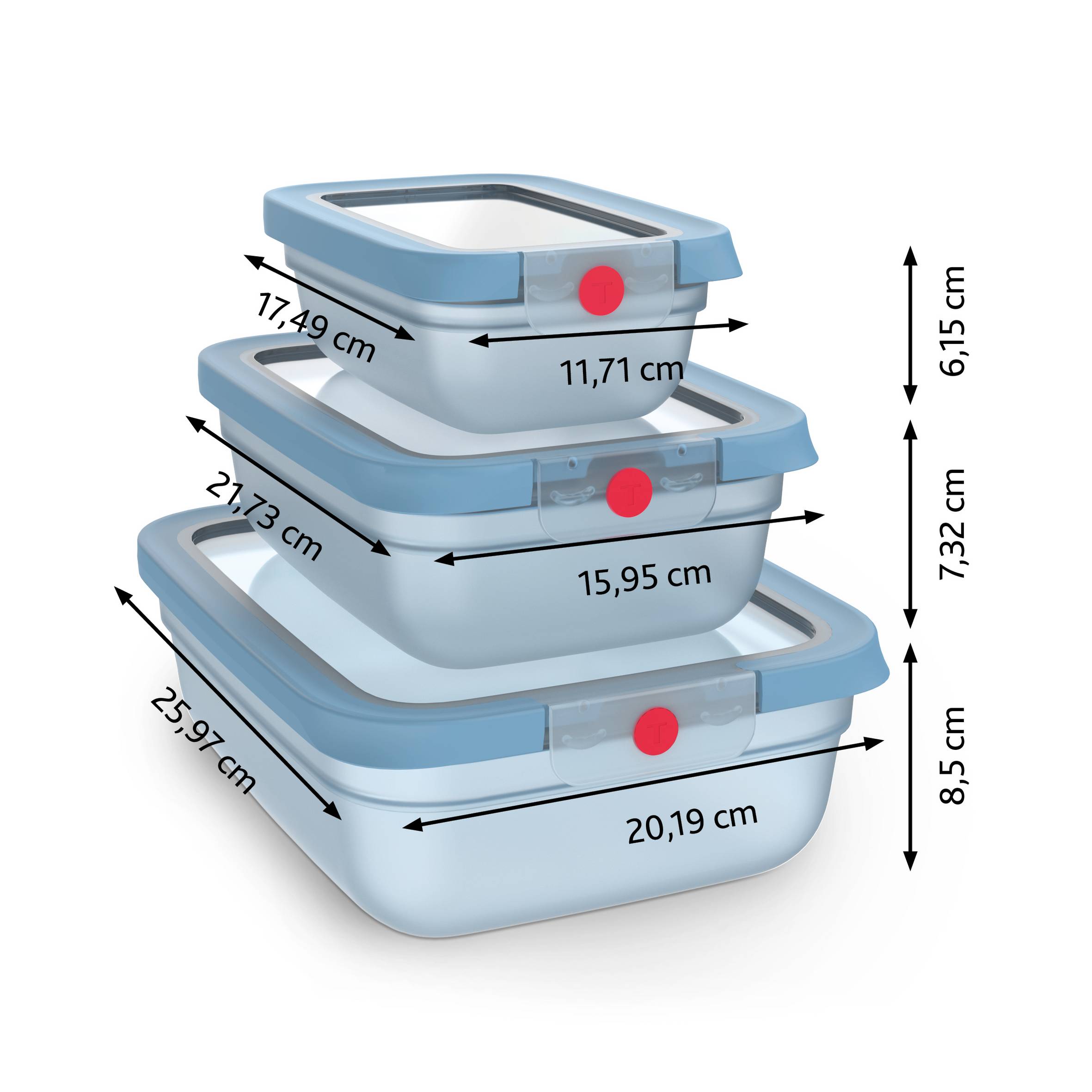 TEFAL oneClick, Set de 3 piezas apilables, Herméticos, Sistema One-Click, Azul, 3x 0.50L / 17.6  FL.OZ., 1.20L / 42.2 FL.OZ., 2.30L./ 81.0 FL.OZ.