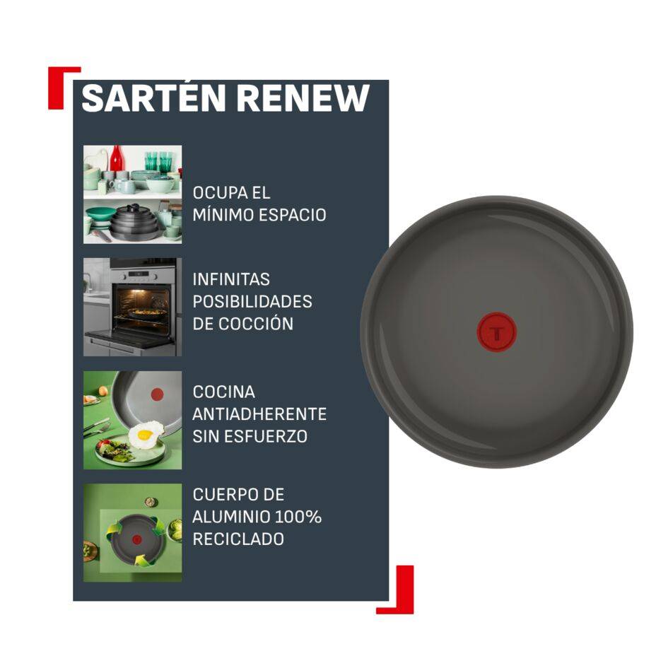 Ingenio Renew Ceram, Sartén de 28 cm, Revestimiento cerámico antiadherente, Apilable, Mango extraíble, Compatible con inducción