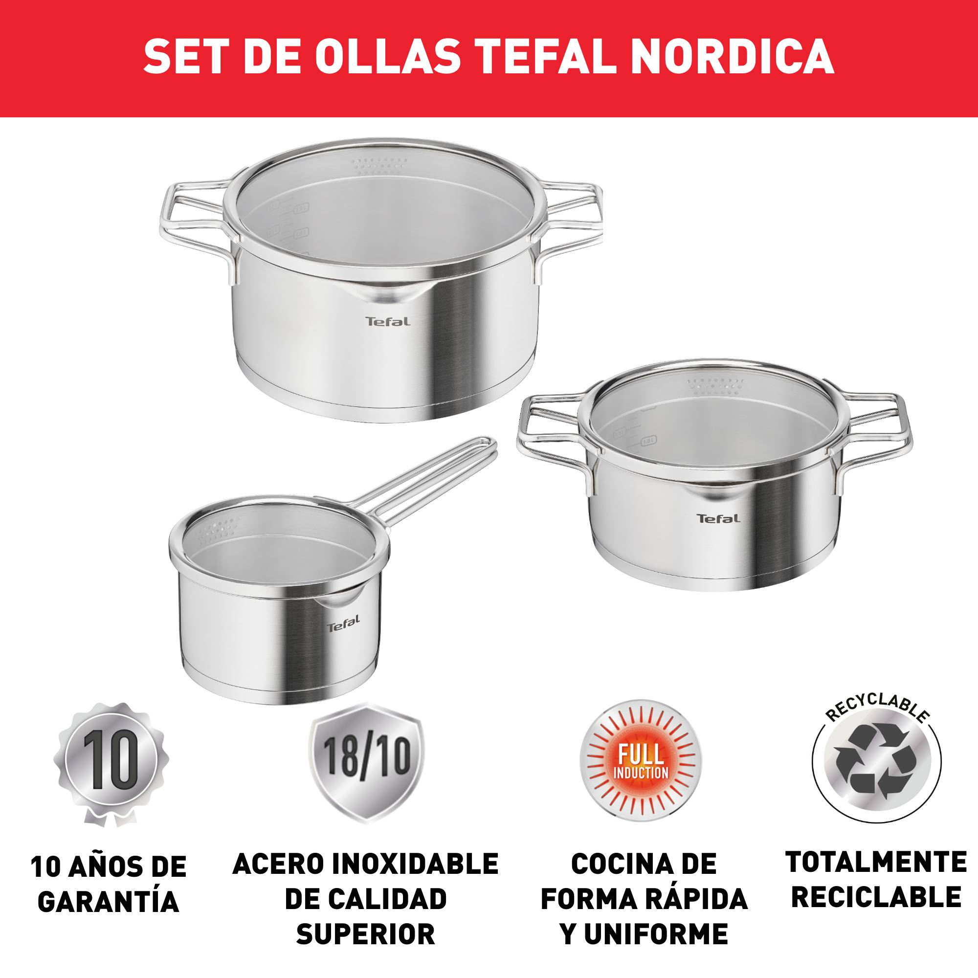 Set Nordica de 6 piezas: Cacerola de 16 cm, Ollas de 20/24 cm con tapas, Sartenes de Acero Inoxidable de Primera Calidad