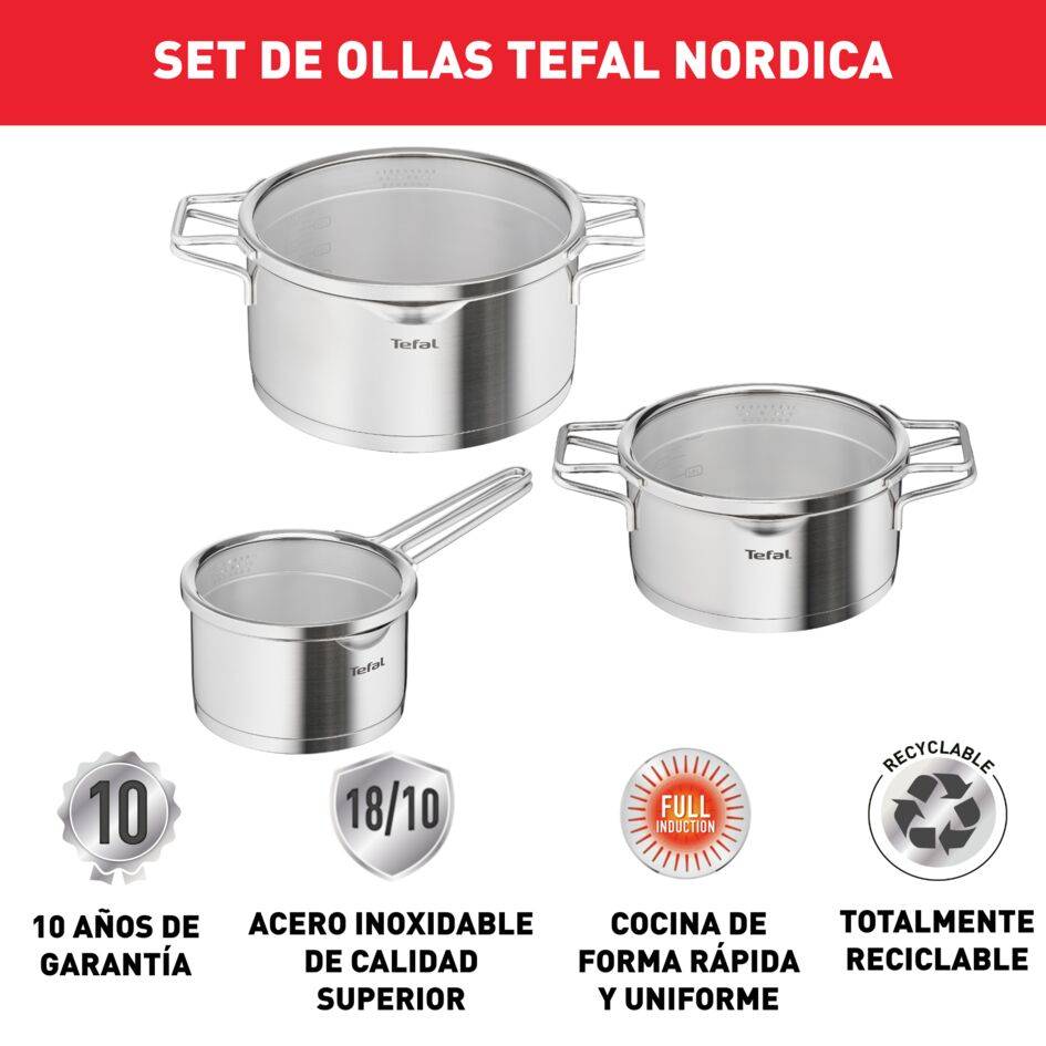 Nordica, Set de 6 piezas: Cacerola de 16 cm, Ollas de 20/24 cm con tapas, Sartenes de Acero Inoxidable de Primera Calidad