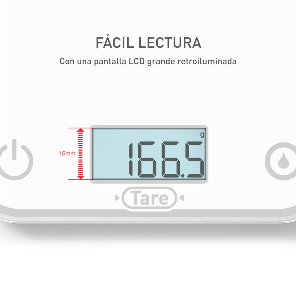 Optiss, Báscula Electrónica de Cocina, Pantalla Retroiluminada de Fácil Lectura, Antirrayaduras, 5 kg de Capacidad, Pilas Incluidas, Blanco