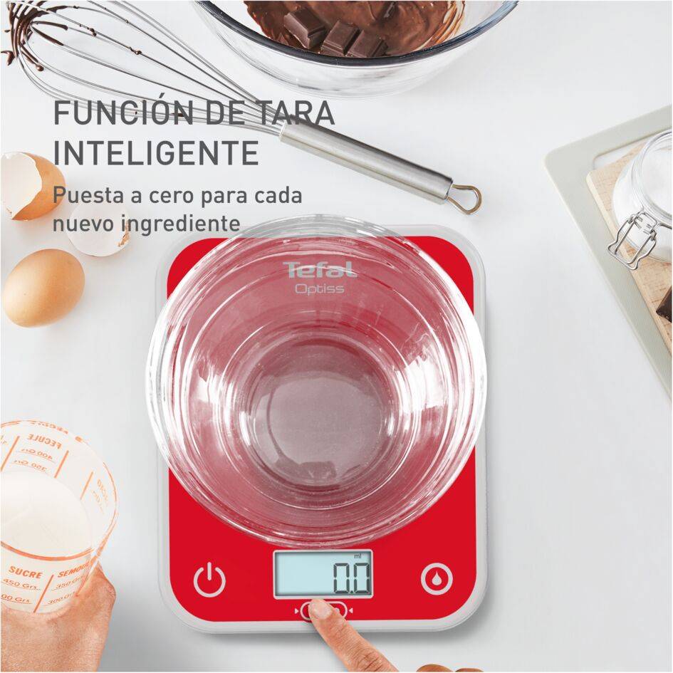 Optiss, Báscula Electrónica de Cocina, Pantalla Retroiluminada de Fácil Lectura, Antirrayaduras, 5 kg de Capacidad, Pilas Incluidas, Rojo