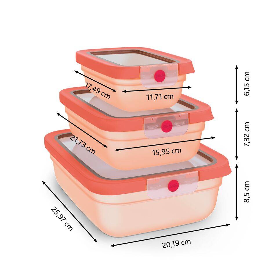 TEFAL oneClick, Set de 3 piezas apilables, Herméticos, Sistema One-Click, Naranja, (0,50 L / 17,6 FLOZ, 1,20 L / 42,2 FLOZ, 2,30 L / 81,0 FLOZ)