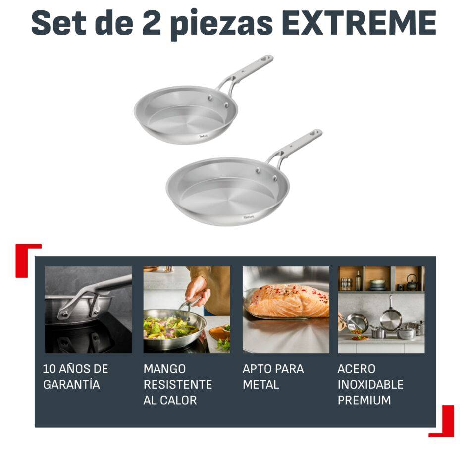 Extreme Set de 2 sartenes 24/28 cm,  Acero inoxidable premium, Sin revestimiento, Garantía 10 años, Compatible con inducción