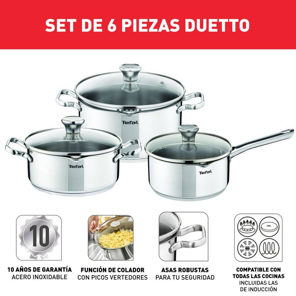 Duetto On, Set de 6 piezas, Cacerola 16 cm, Ollas 20/24 cm, 3 tapas, Acero inoxidable 18/10, Marcas medidoras