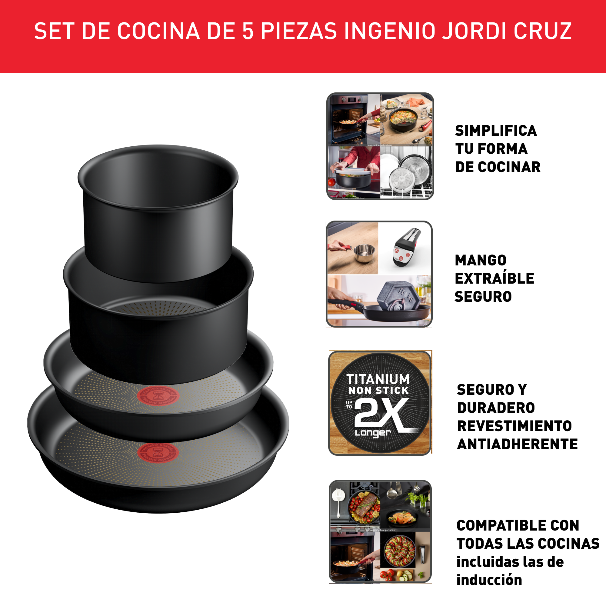 Ingenio Jordi Cruz, Set de 5 piezas, Sartenes 22/26 cm + Cazos 16/ 20 cm + Mango extraíble, Apilables, Inducción