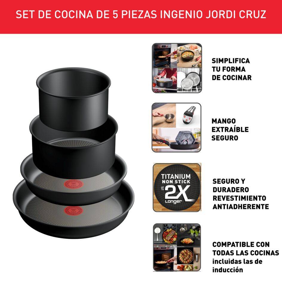 Ingenio Jordi Cruz, Set de 5&nbsp;piezas, Sartenes 22/26 cm + Cazos 16/ 20 cm + Mango extraíble, Apilables, Inducción