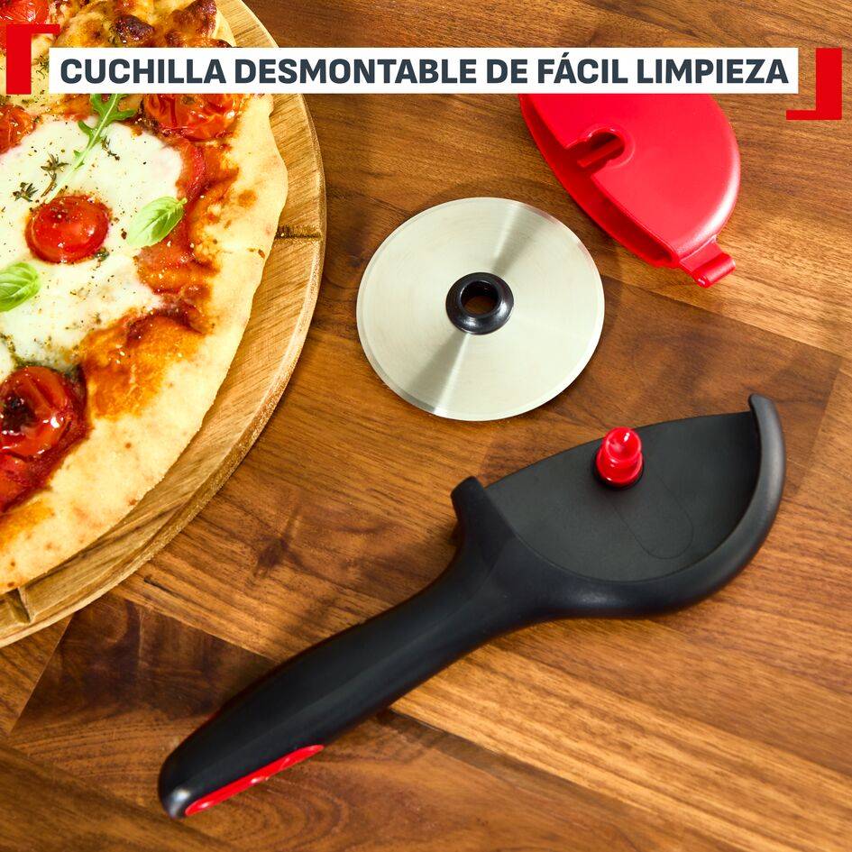 Ingenio+ Cortador de pizza, Acero inoxidable, Funda protectora, Cuchilla extraíble, Negro y rojo