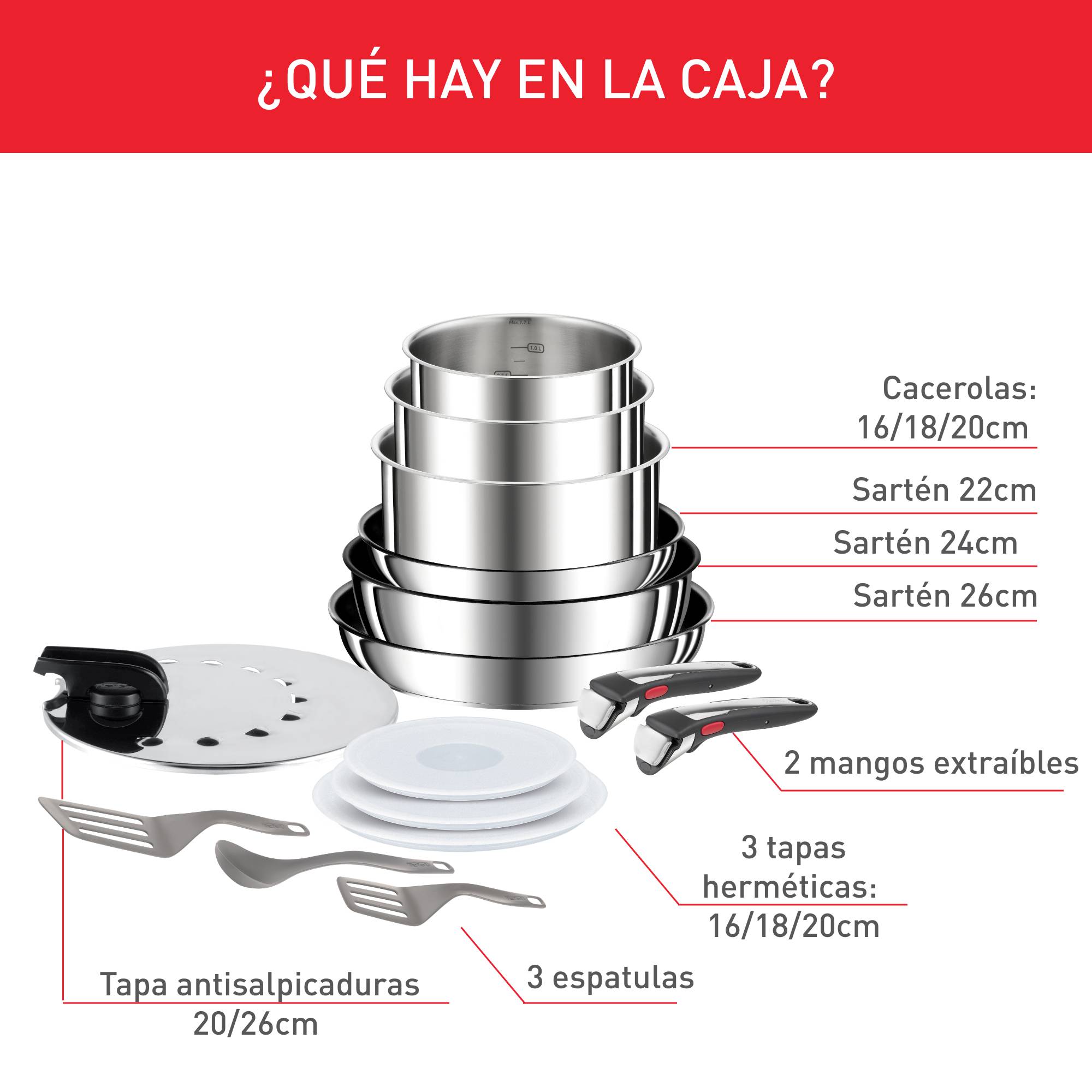 Ingenio Preference On, Set de 15 piezas + 2 Mangos extraíbles, Acero inoxidable 18/10, Revestimiento antiadherente, Inducción