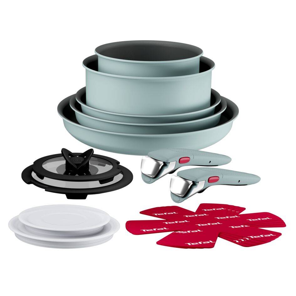 Ingenio Halo, Set de cocina de 15 piezas, 3 Sartenes, 2 Cazos, 4 Tapas, 4 Protectores , 2 Mangos extraíbles, Apilable, Inducción, Eucalipto