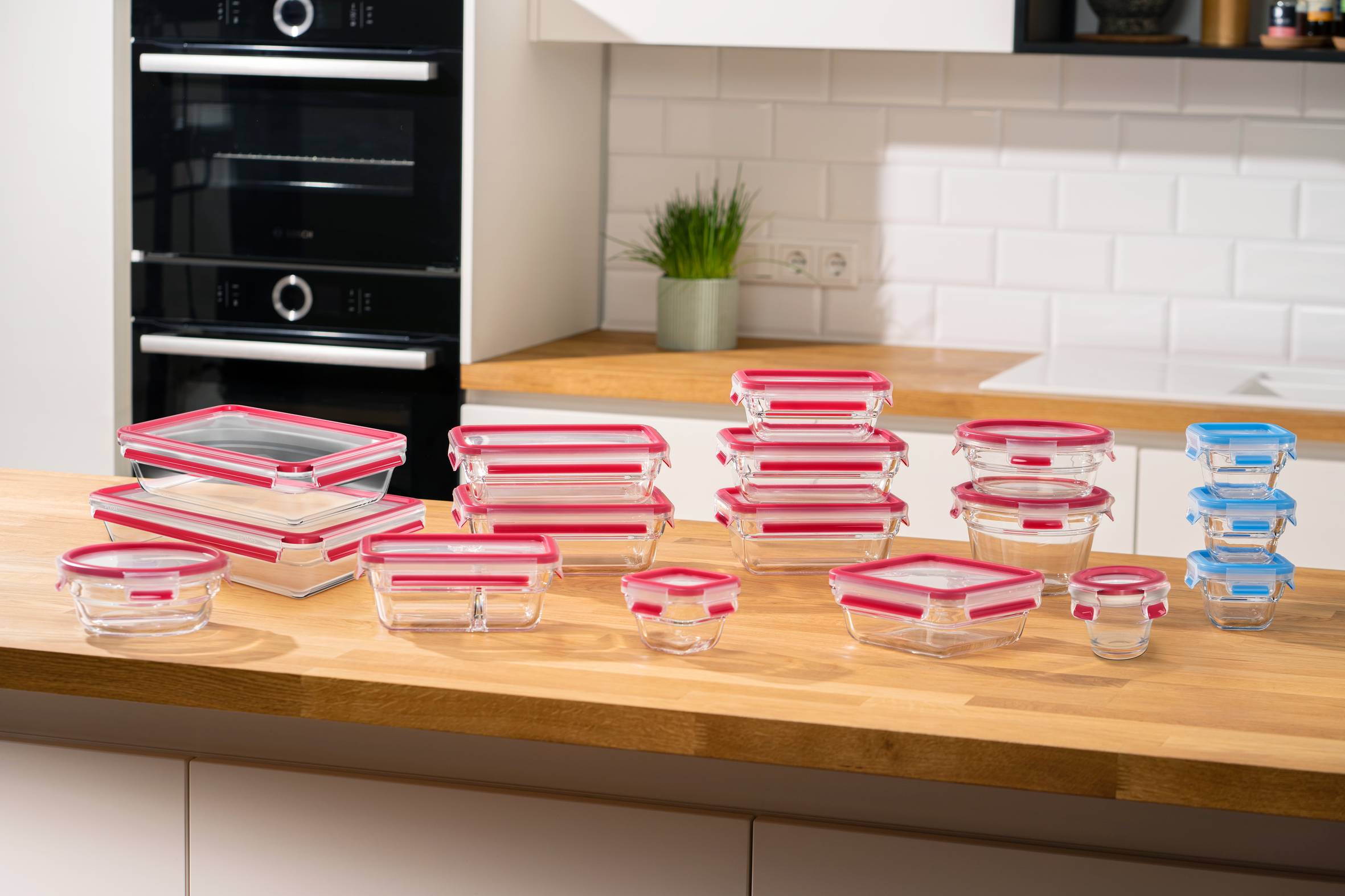 Masterseal Cristal, Set de 3 Herméticos de Cristal, 0,45 / 0,8 / 2,0 L, Rojo