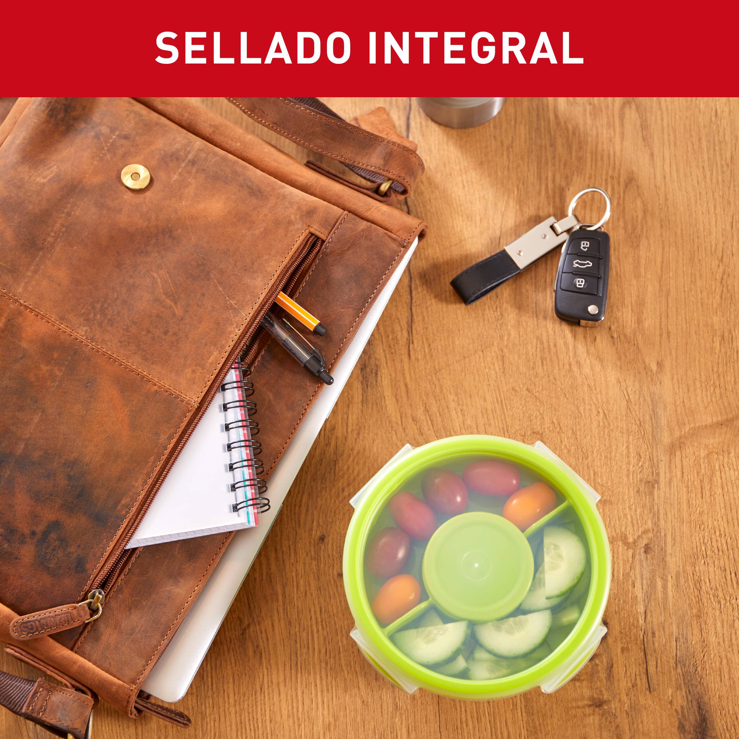 Masterseal&Go, Hermético de plástico para ensaladas, 1 L, Compartimento para salsas, Redondo, Verde