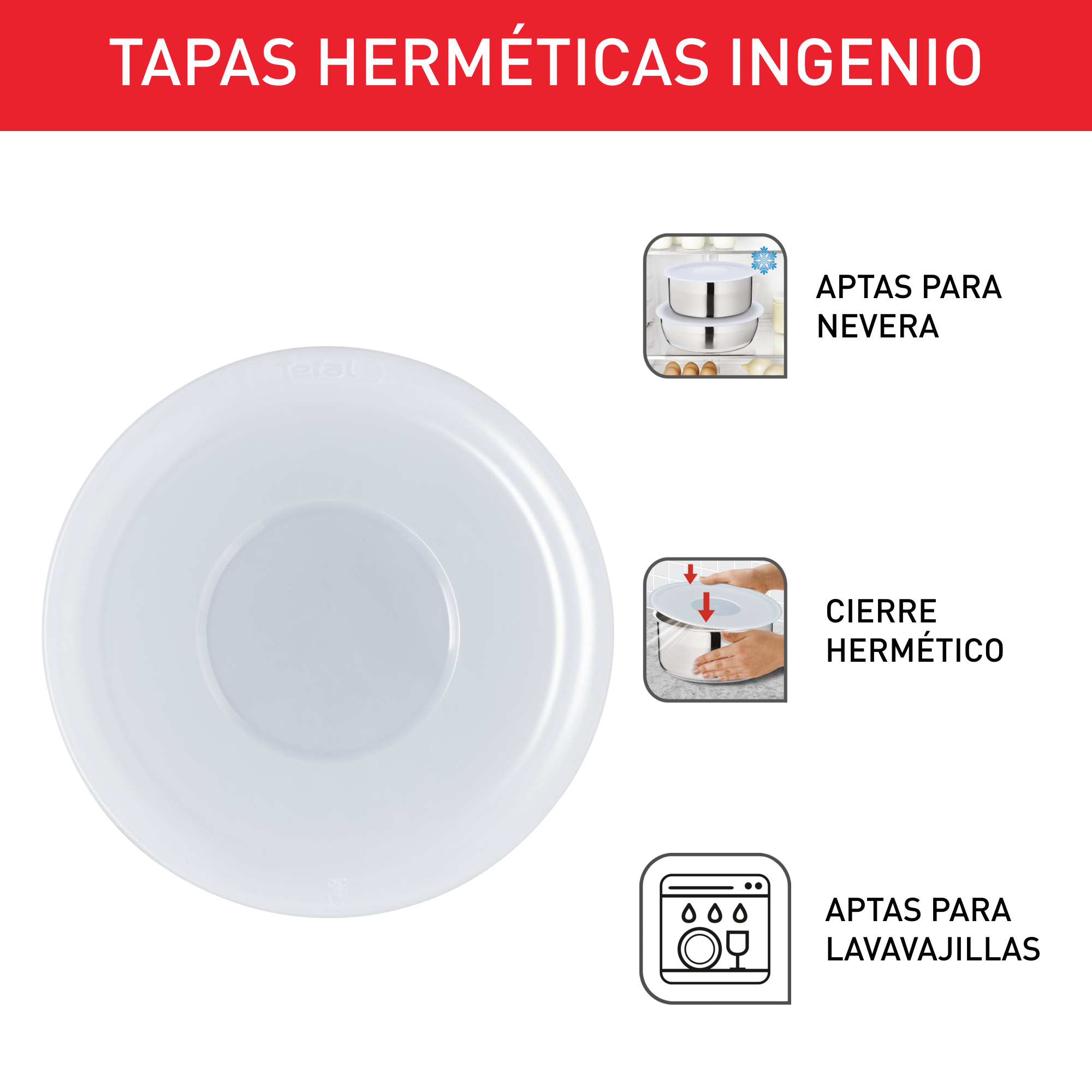 Ingenio, Set 3 Tapas de plástico, 16/18/20 cm, Cierre Hermético, Aptas para nevera y lavavajillas