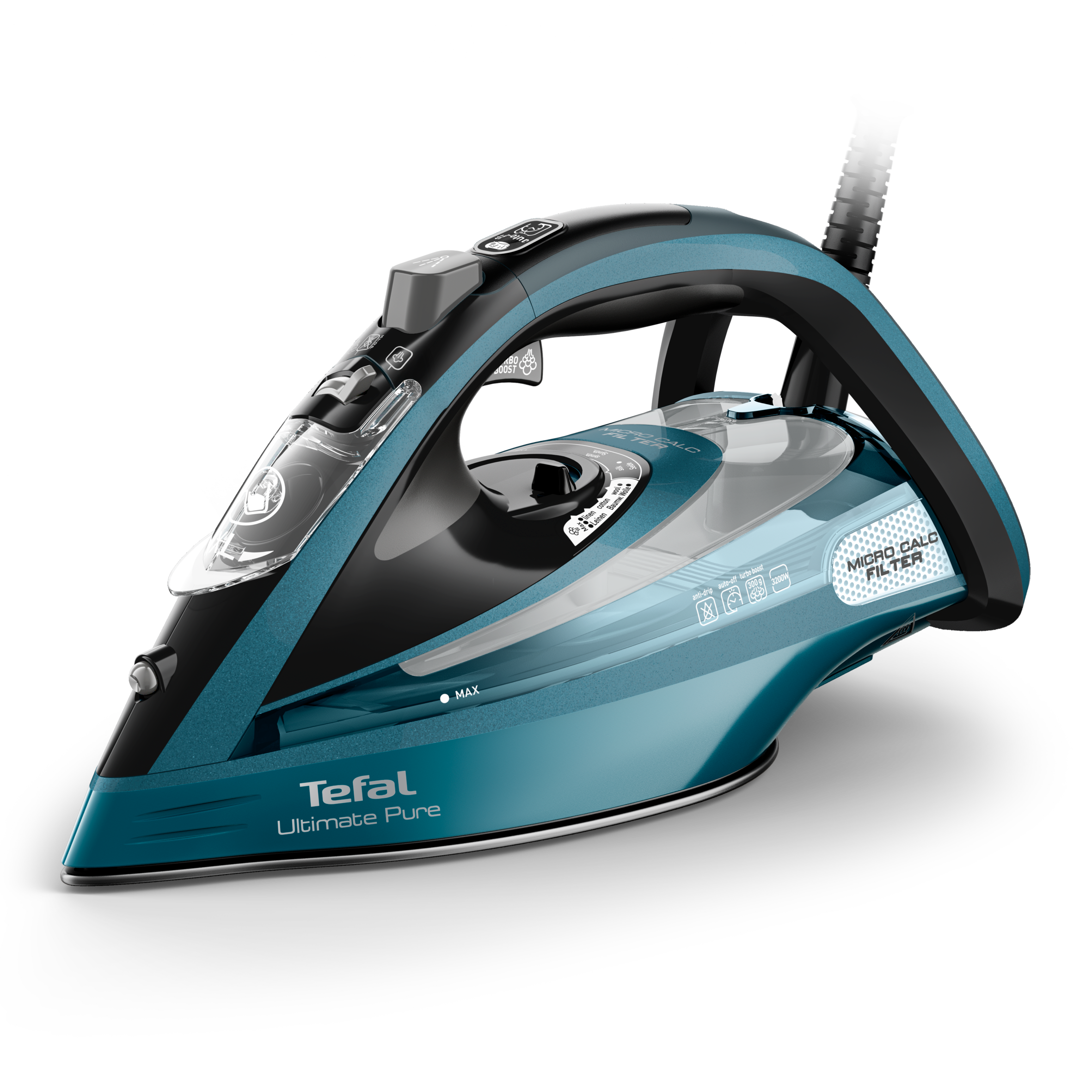 Ultimate Pure de Tefal, plancha de vapor, 3200 W, salida de vapor continua de 60 g/min y un golpe de vapor de 300 g/min, suela Autoclean, apagado automático, antigoteo